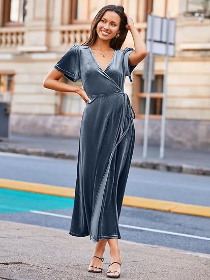 Velvet Wrap Dress V Neck Cocktail Maxi Dress - Light Blue