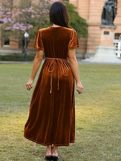 Velvet Wrap Dress V Neck Cocktail Maxi Dress - Burnt Orange