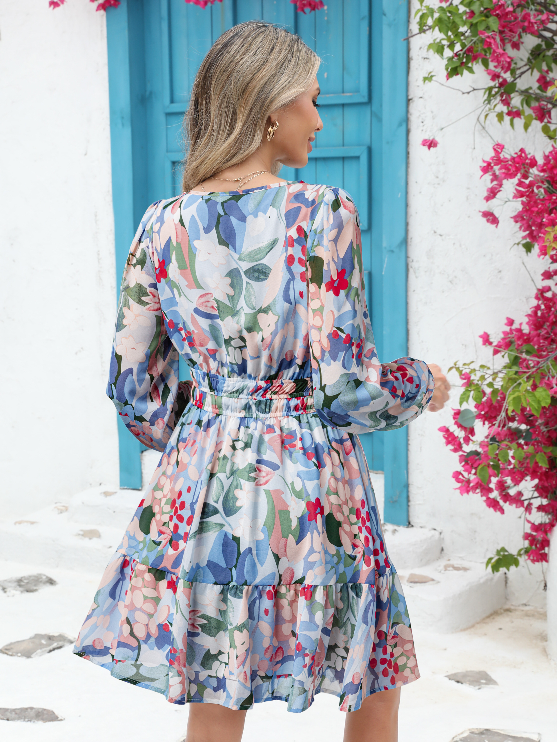 Boho V Neck A Line Floral Chiffon Mini Dress