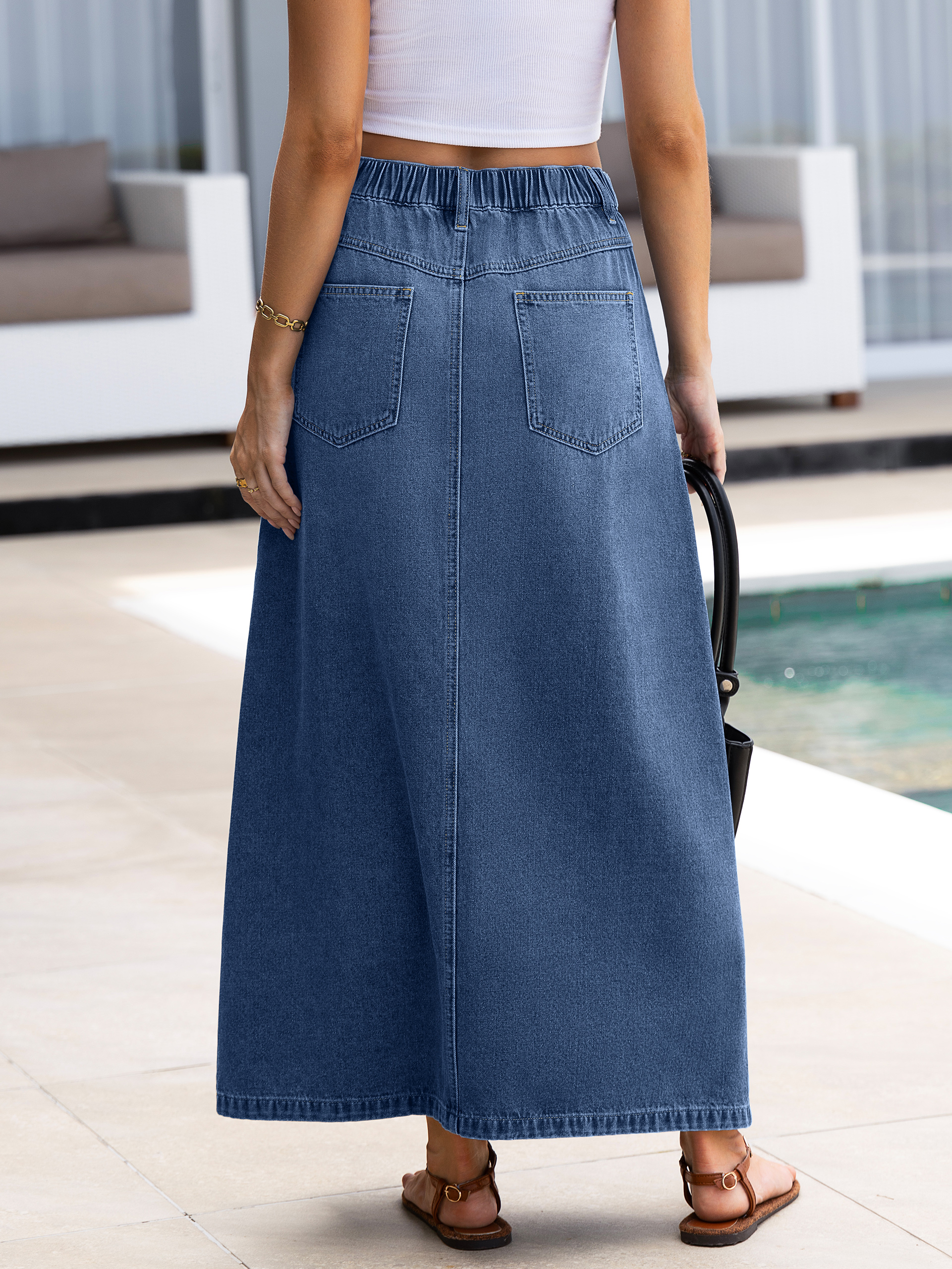 High Waisted Front Slit A-Line Denim Maxi Skirt