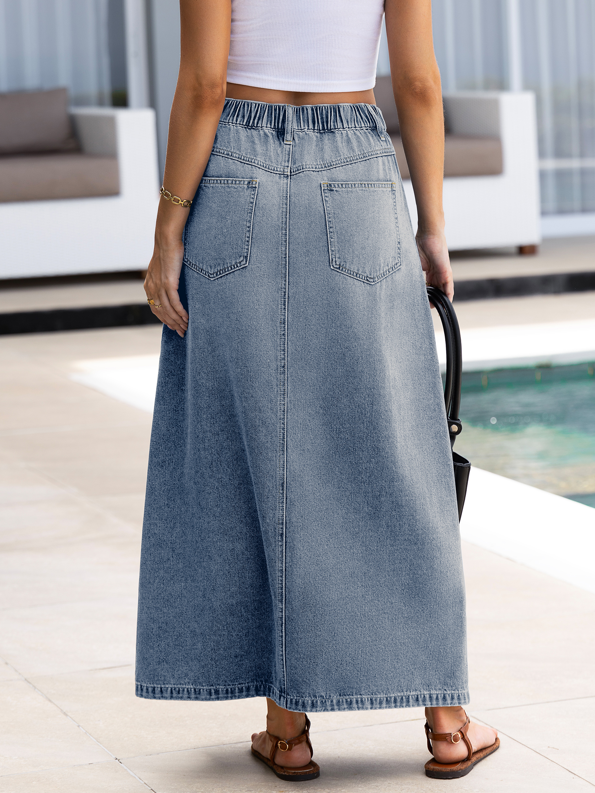 High Waisted Front Slit A-Line Denim Maxi Skirt