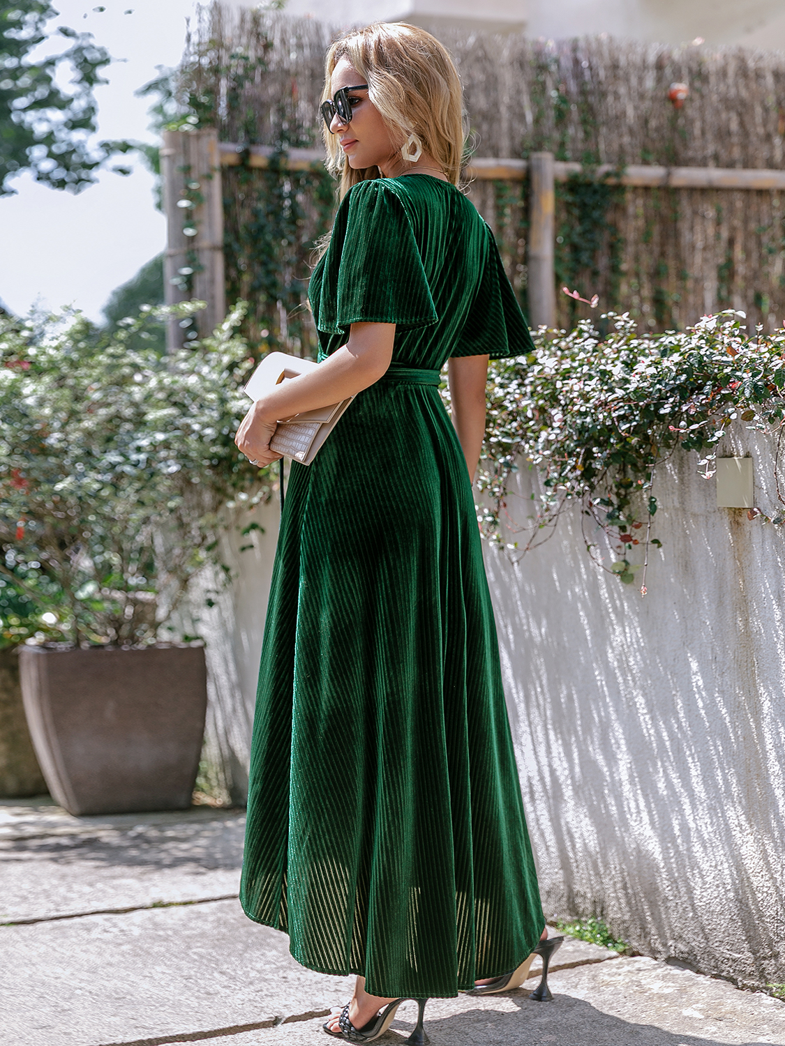Velvet V-Neck Short Sleeve Belted Wrap Maxi Dress - Dark Green