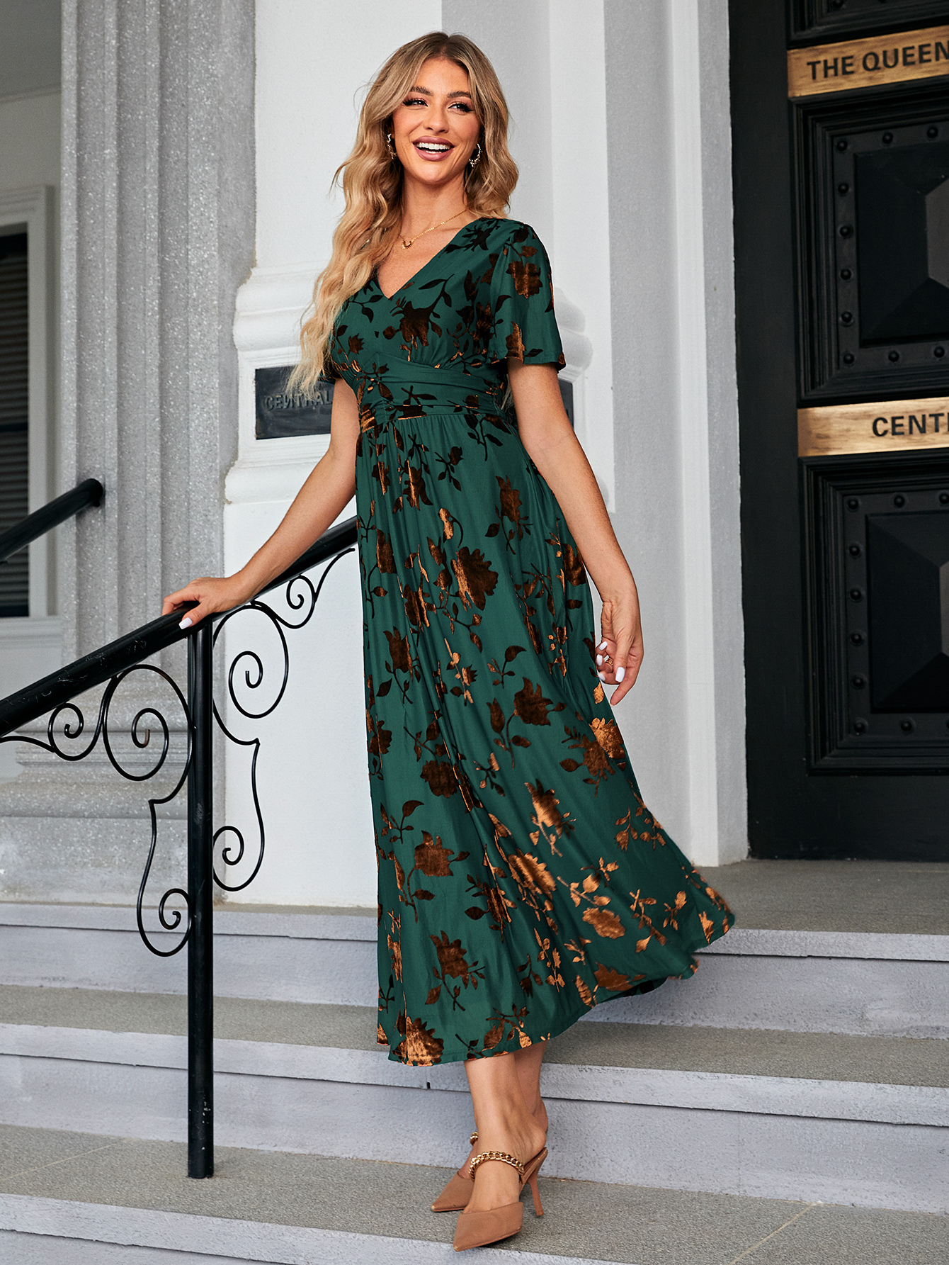 Velvet Burnout Floral V Neck Maxi Dress