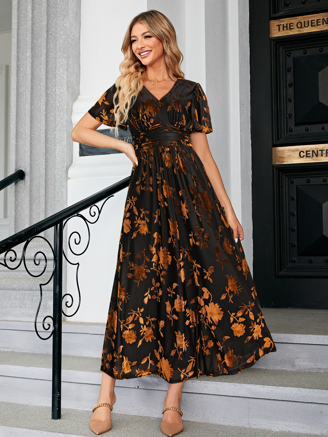 Velvet Burnout Floral V Neck Maxi Dress