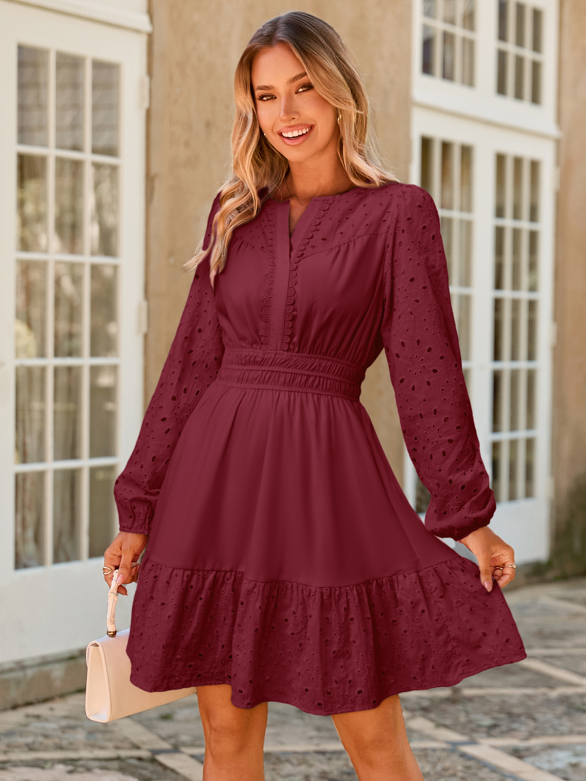 Eyelet V Neck Long Sleeve A Line Mini Dress - Wine Red