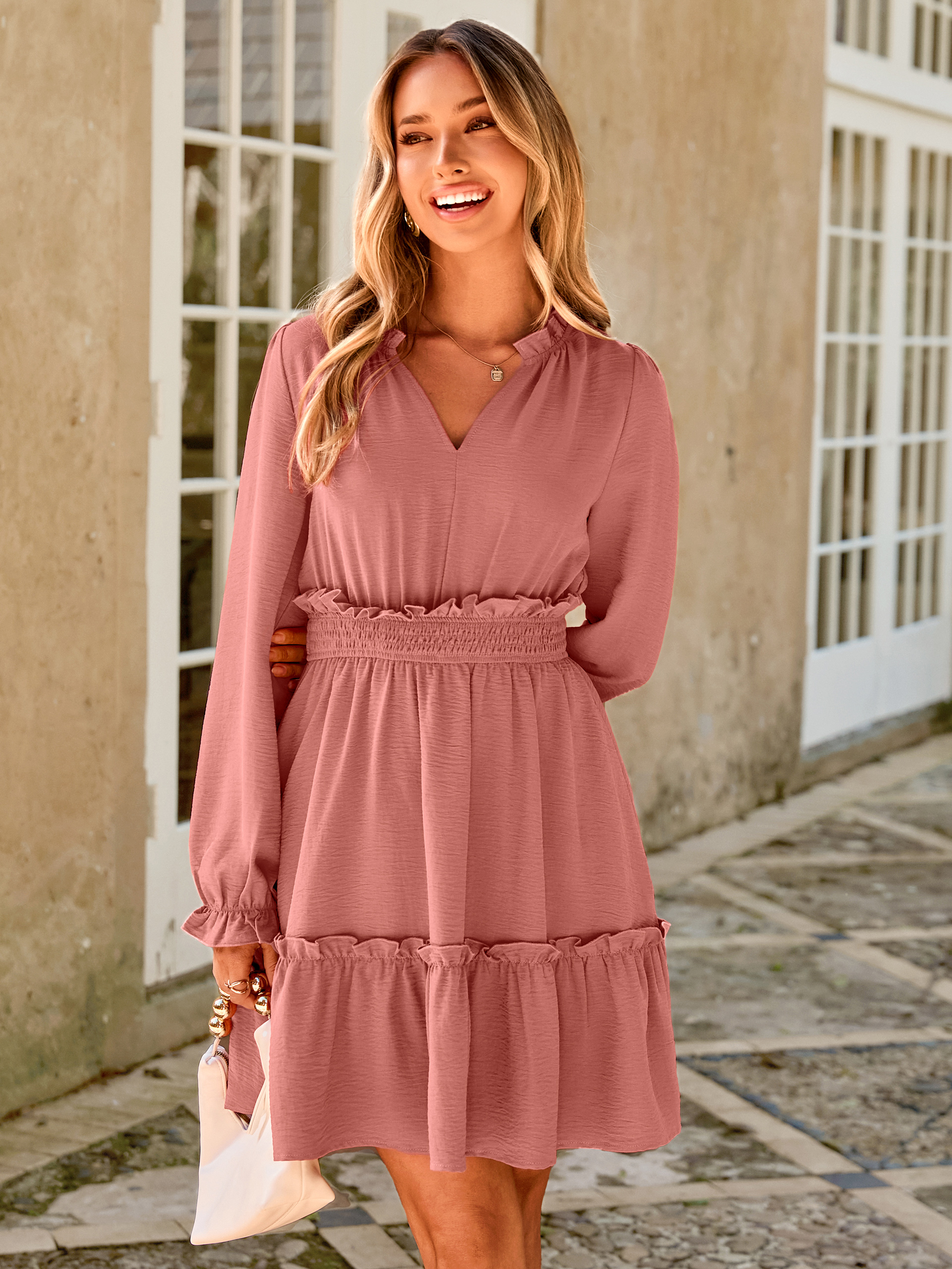 Ruffle V Neck Long Sleeve Mini Dress