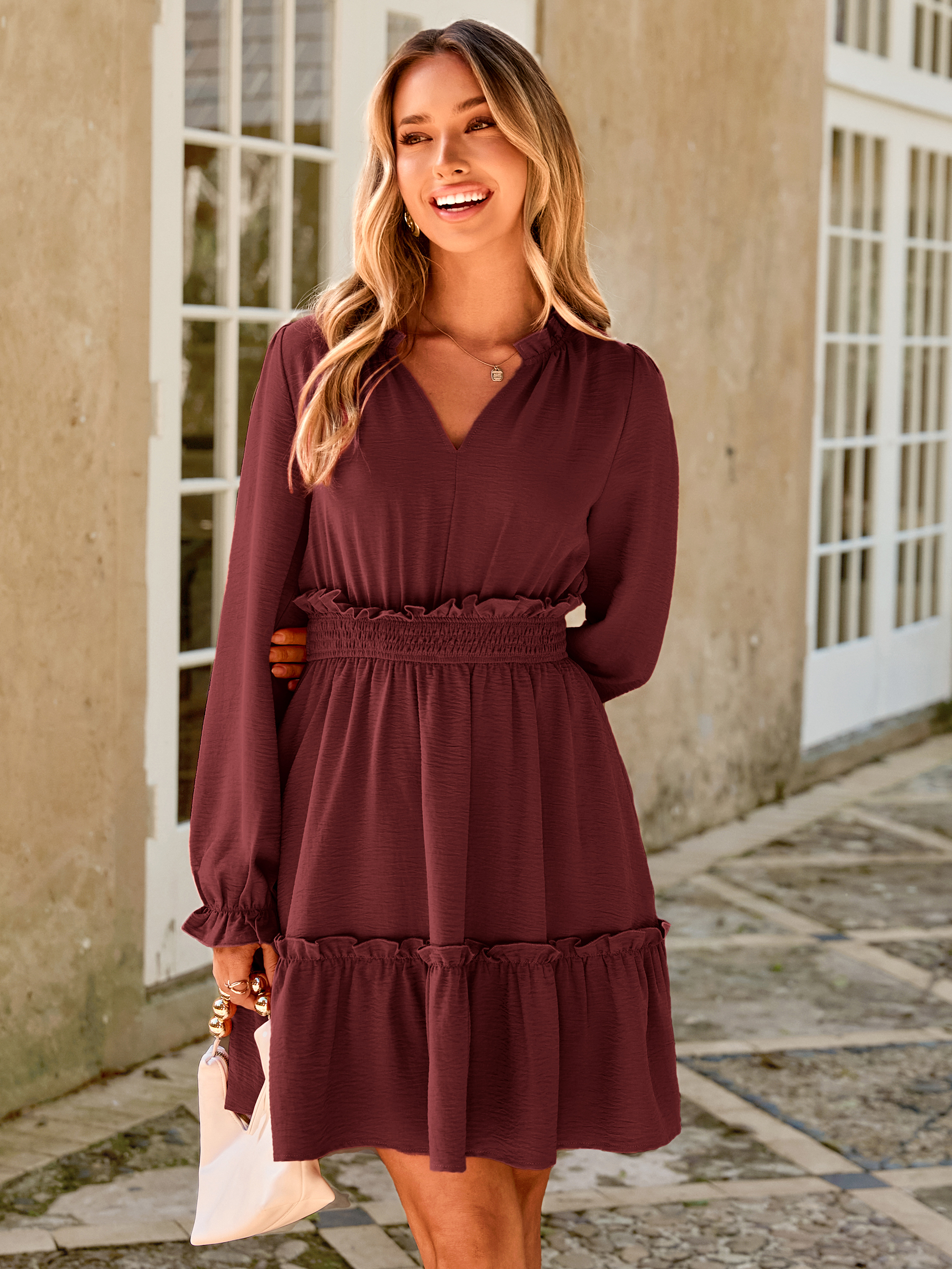 Ruffle V Neck Long Sleeve Mini Dress