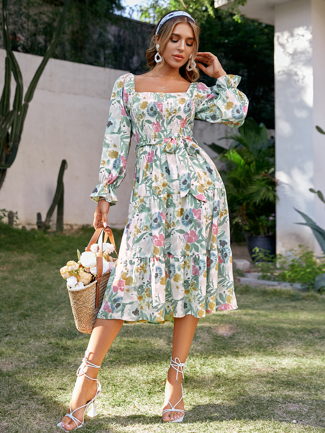 Floral Square Neck Long Sleeve Tiered Midi Dress - Floral