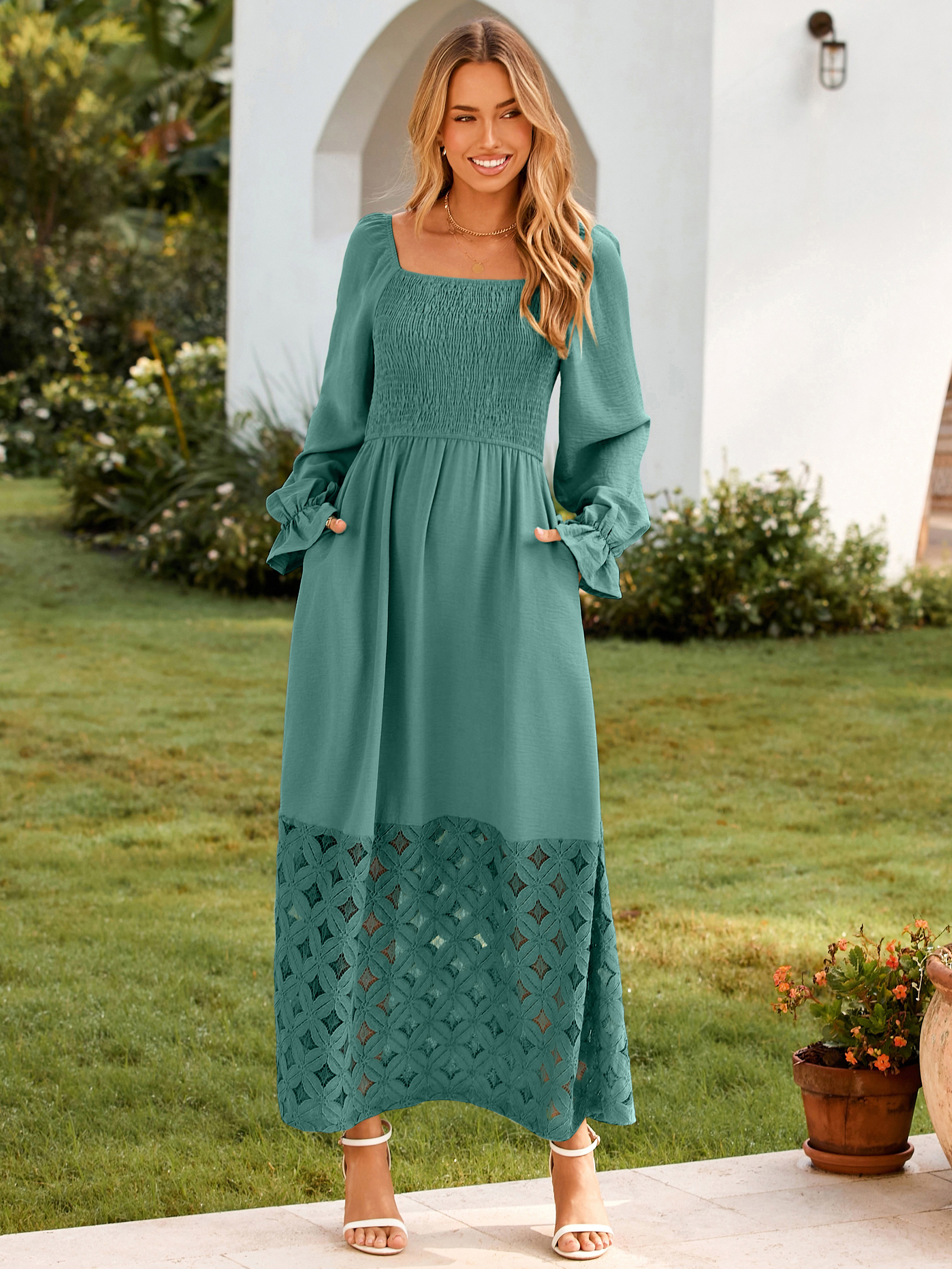 Boho Flowy Square Neck Wedding Guest Maxi Dress