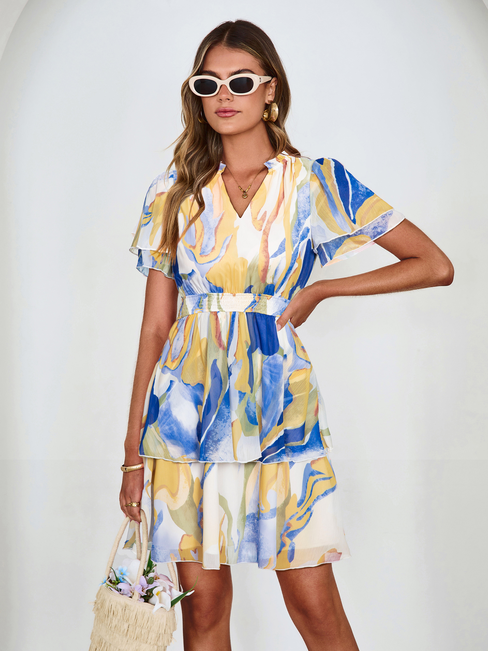 Floral Print V Neck Smocked Tiered Mini Dress