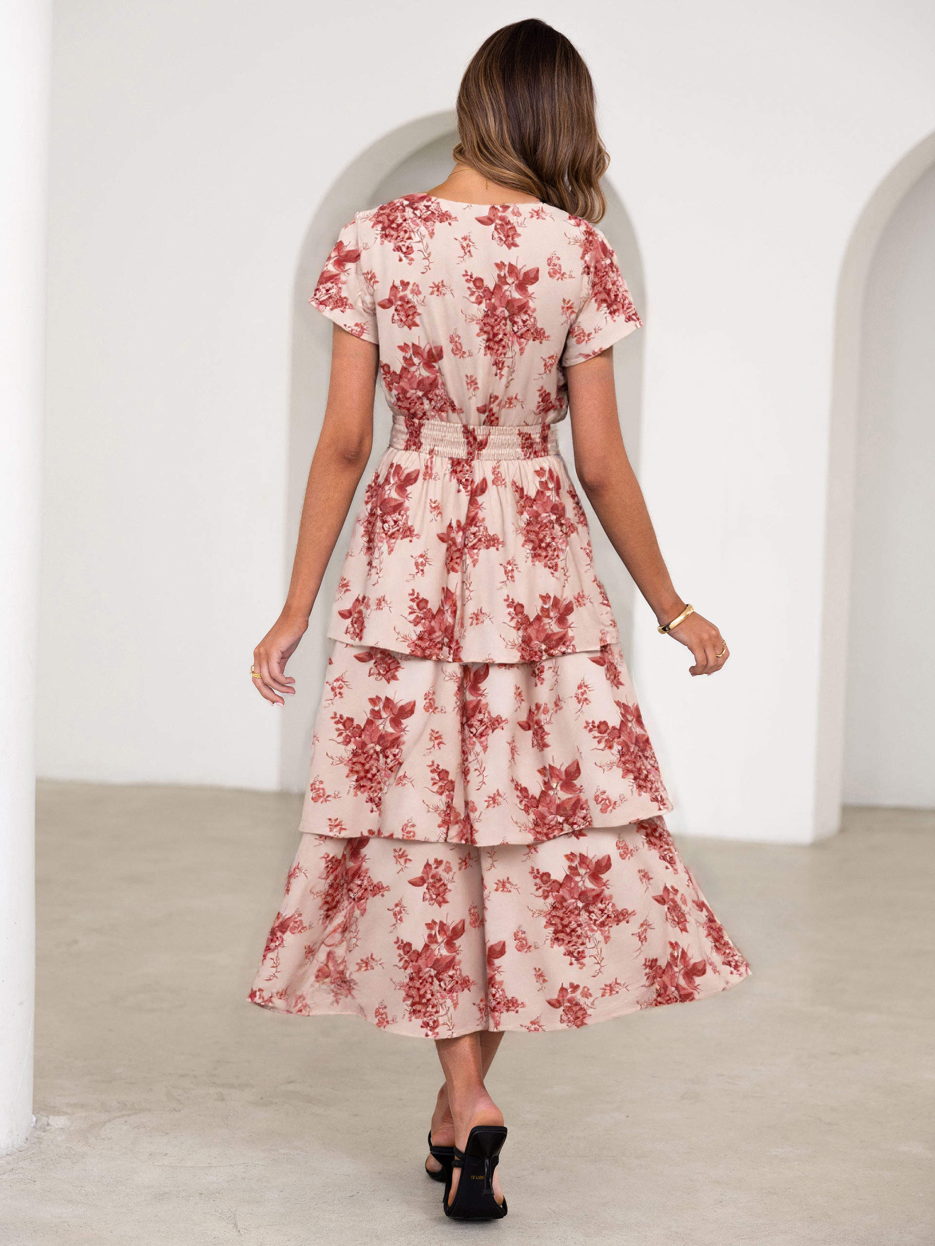 Ruffle Tiered Floral Wedding Guest Maxi Dress - Brick Red Floral