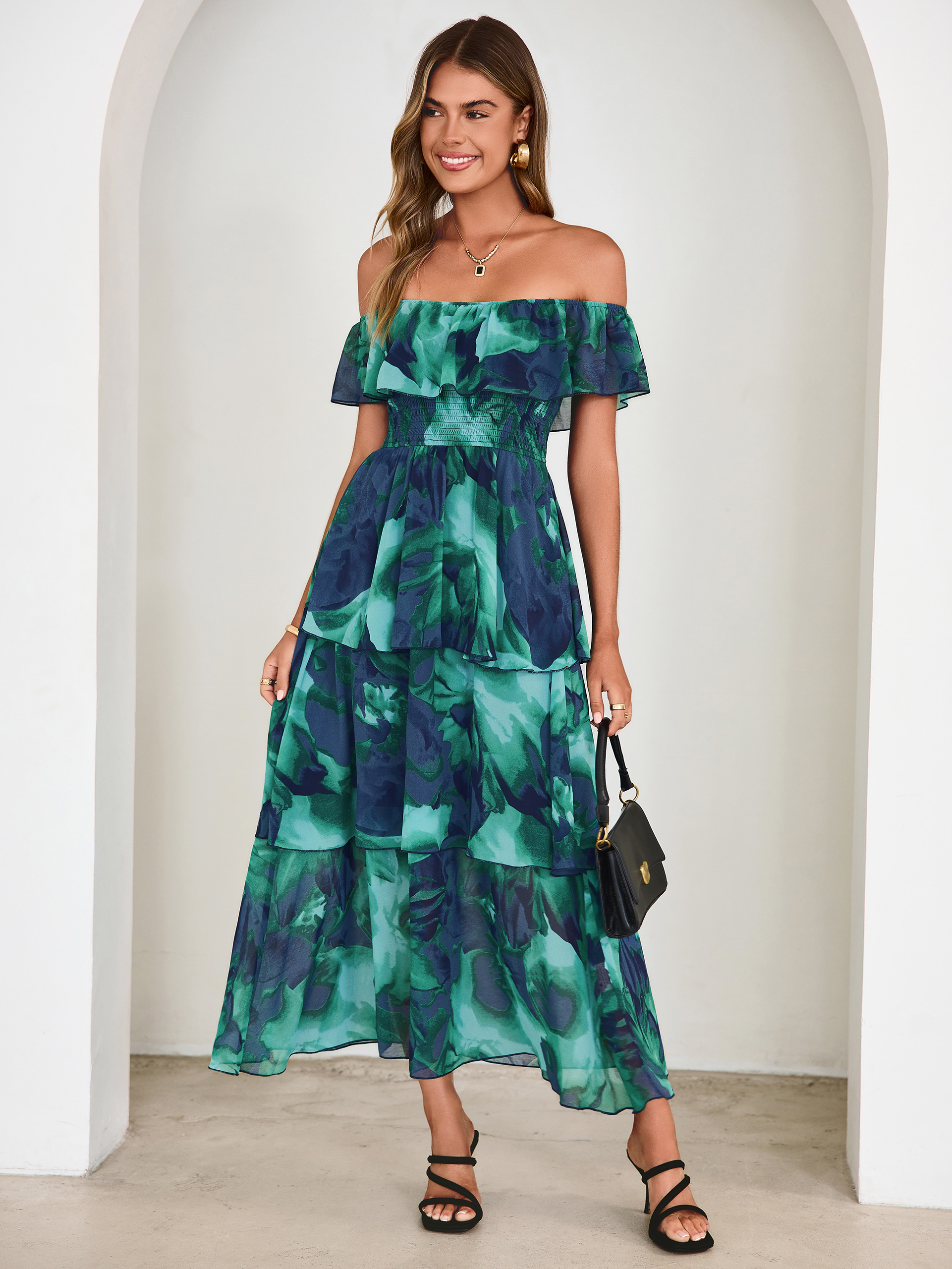 Off Shoulder Multicolor Ruffle Tiered Maxi Dress