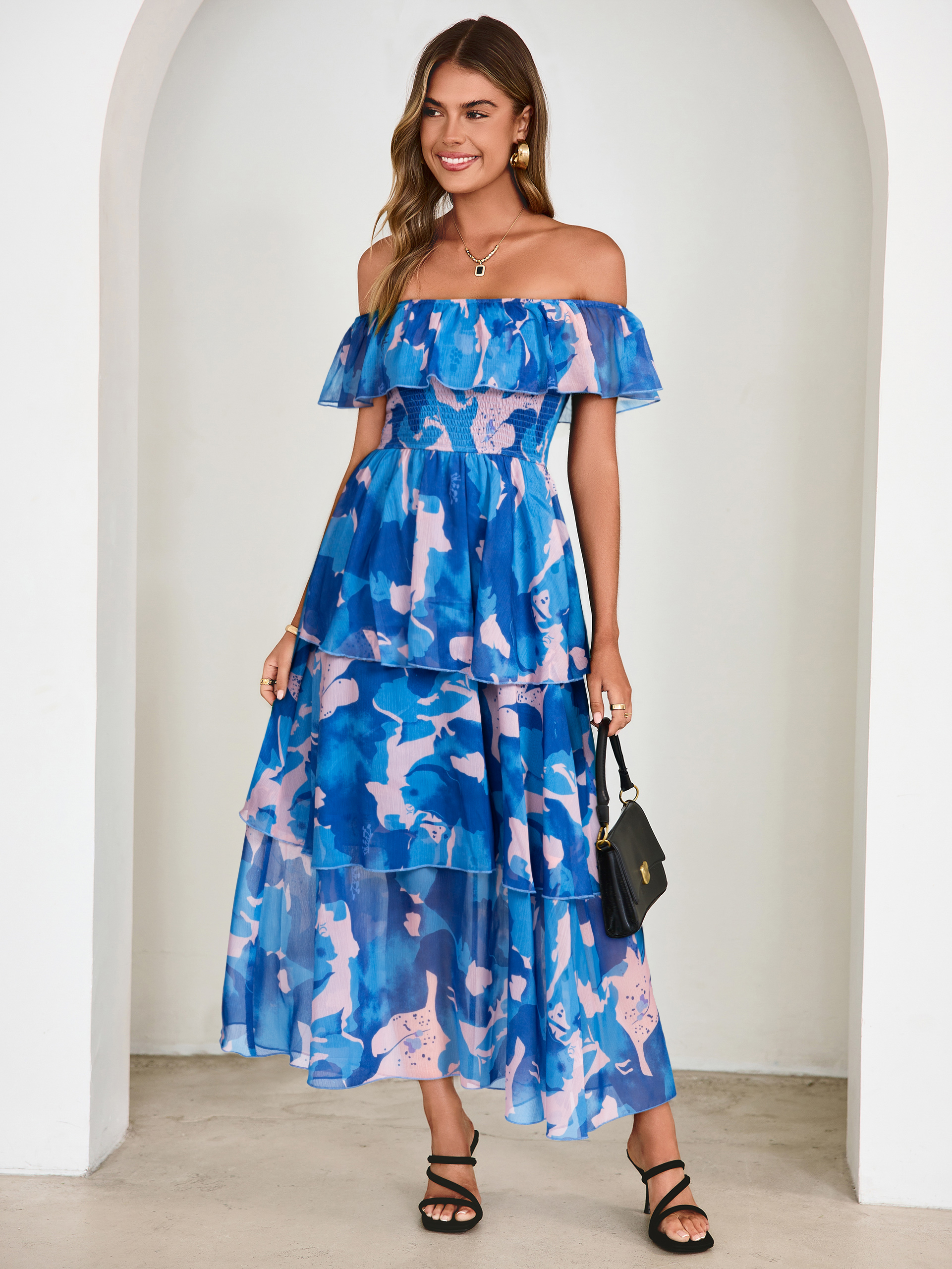 Off Shoulder Multicolor Ruffle Tiered Maxi Dress