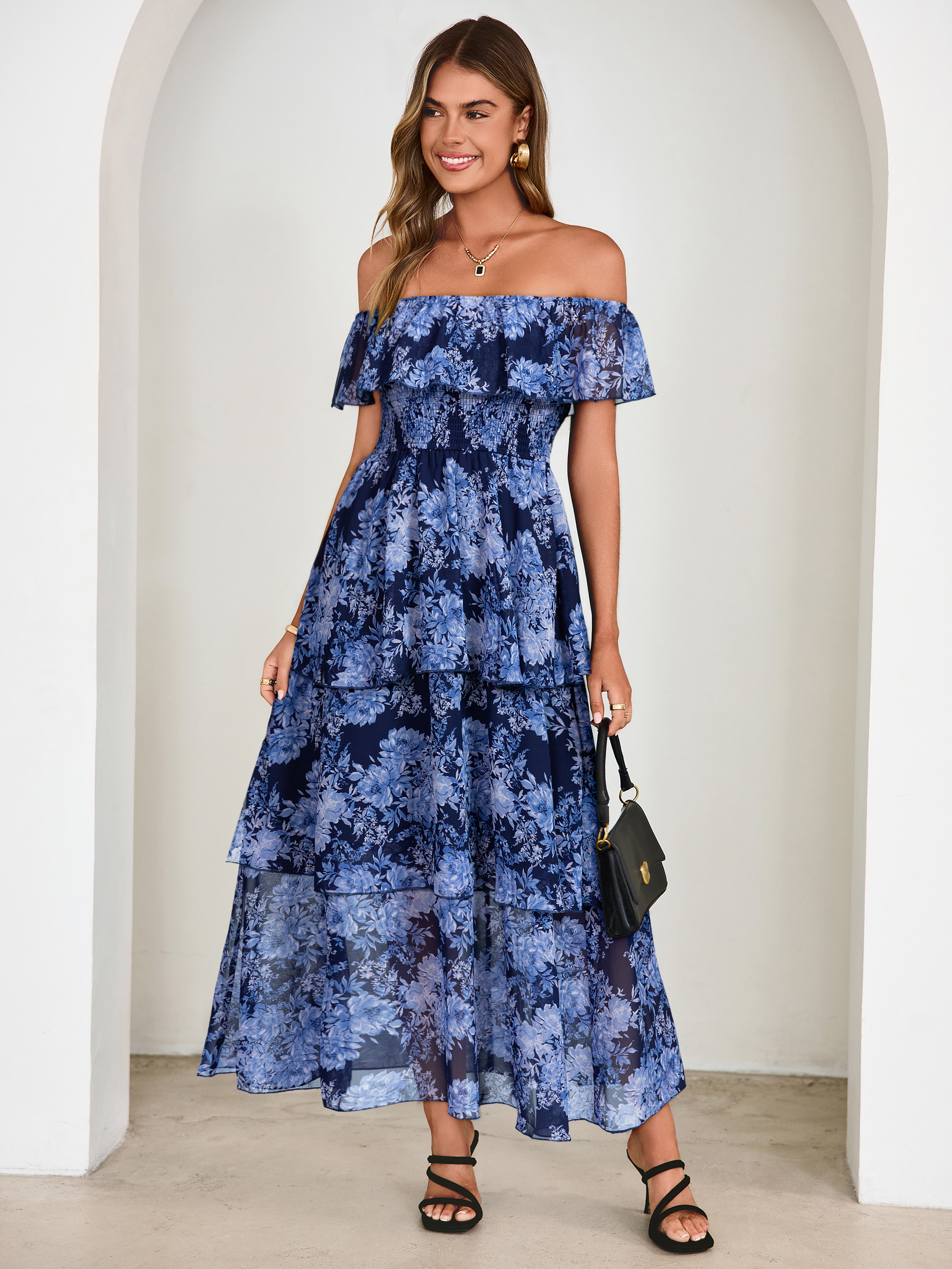 Off Shoulder Multicolor Ruffle Tiered Maxi Dress