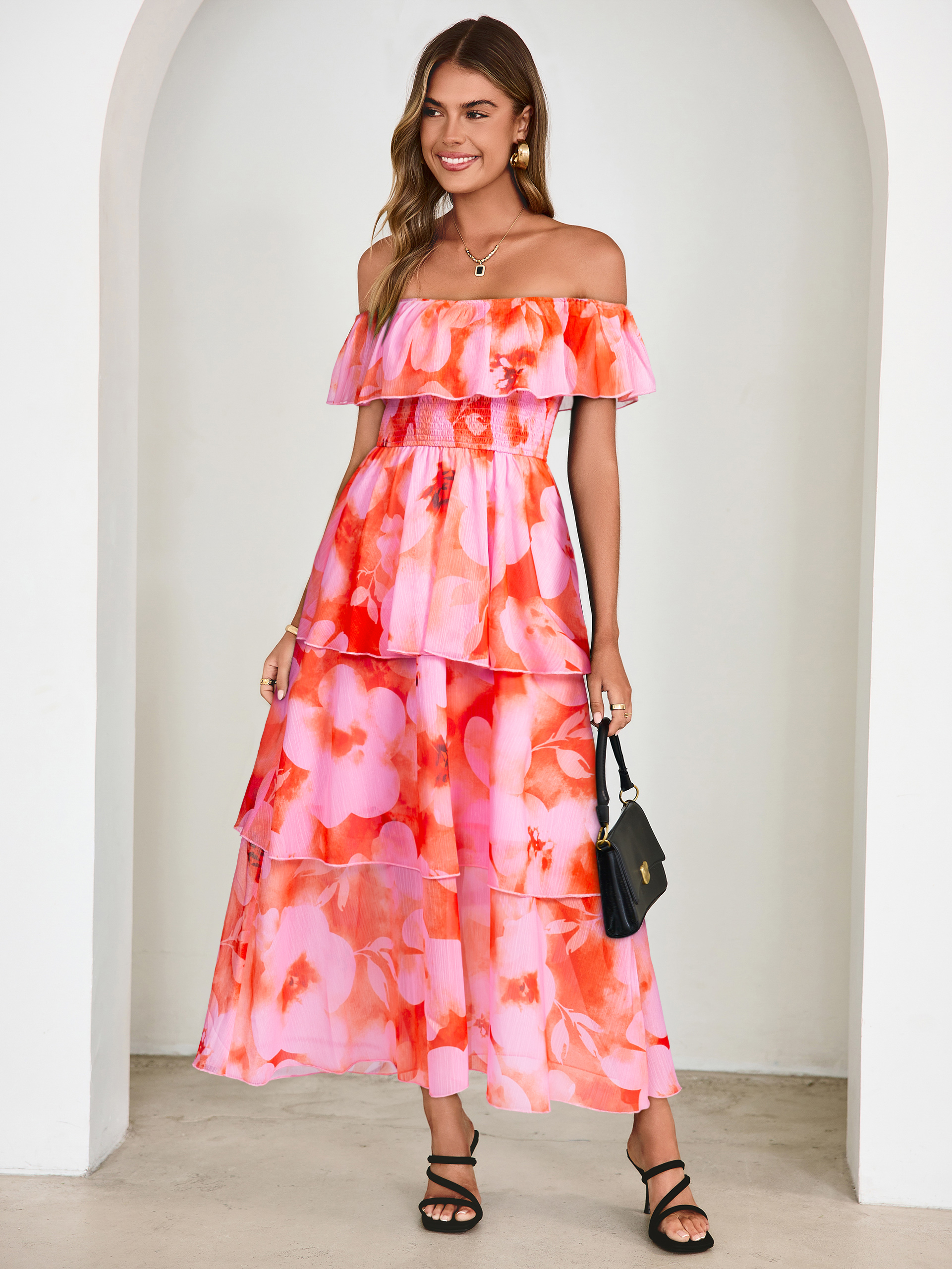Off Shoulder Multicolor Ruffle Tiered Maxi Dress