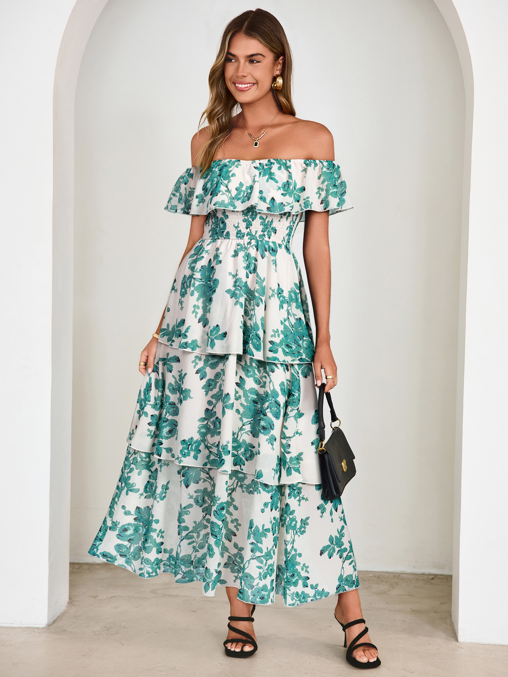Off Shoulder Multicolor Ruffle Tiered Maxi Dress