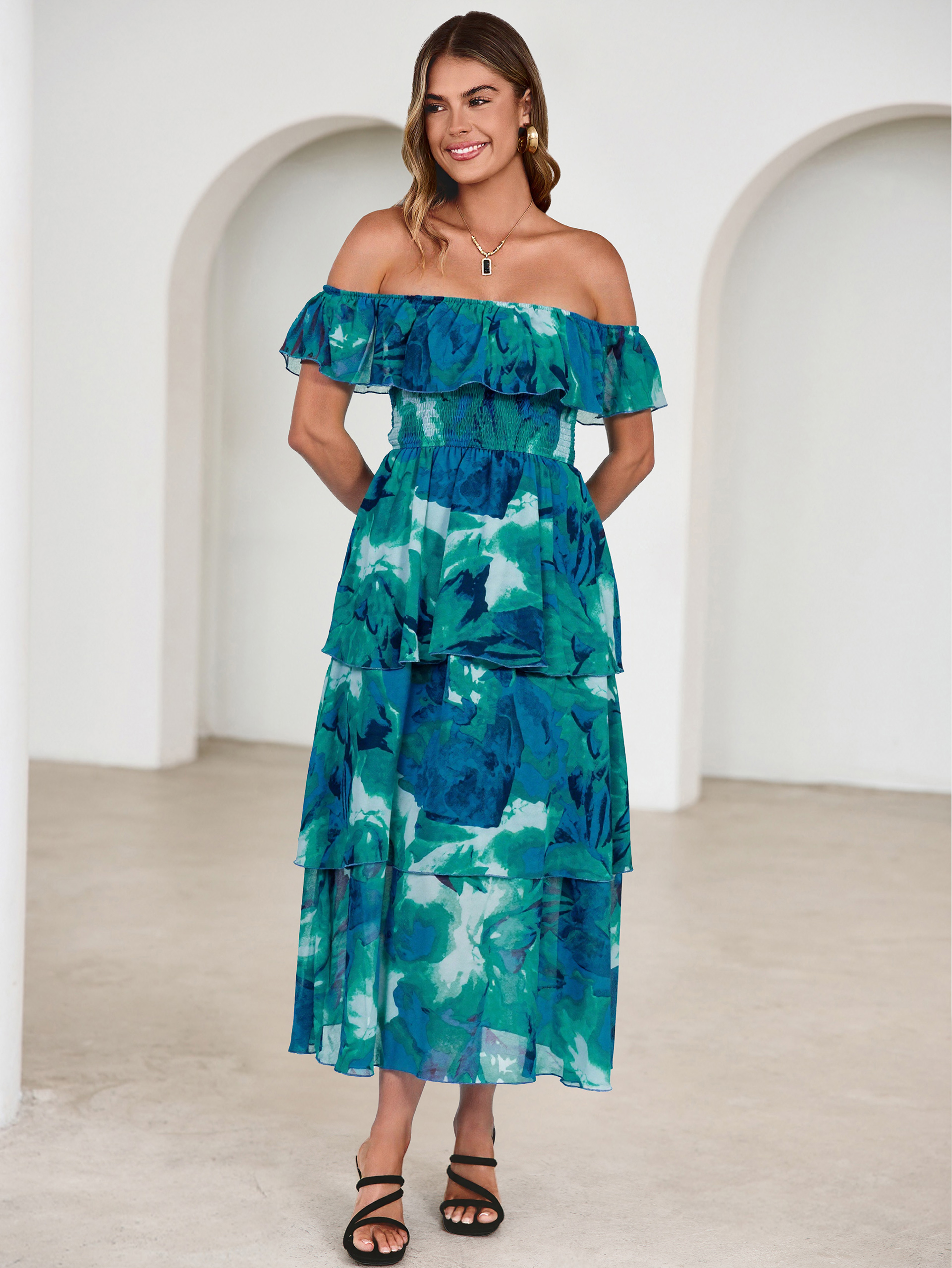 Off Shoulder Multicolor Ruffle Tiered Maxi Dress