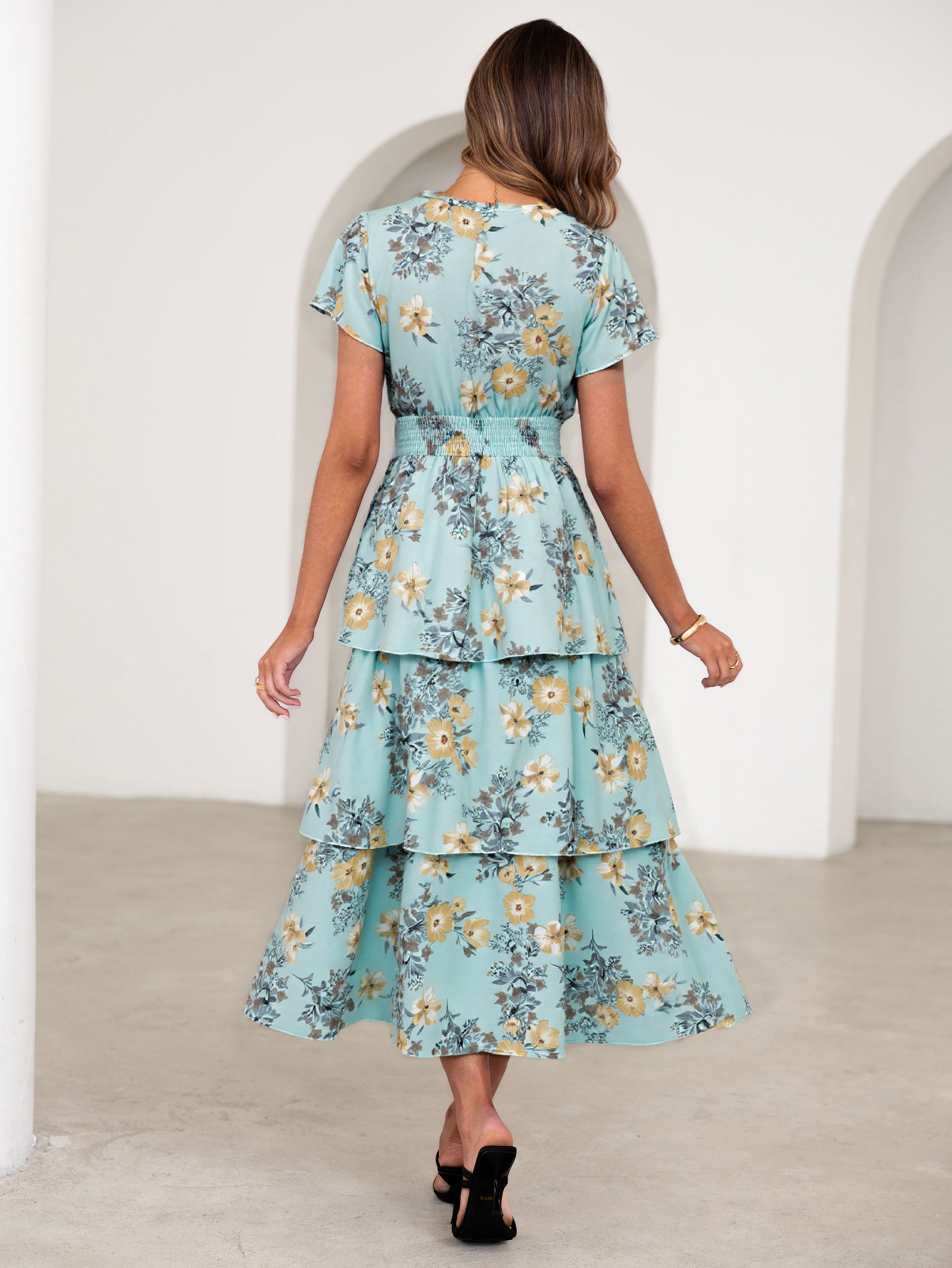 Ruffle Tiered Floral Wedding Guest Maxi Dress - Green Yellow Floral