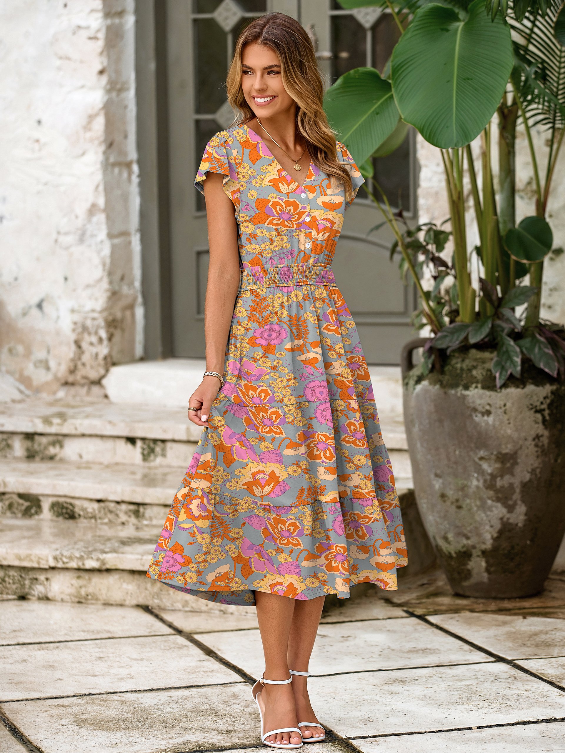 Boho Floral Flutter Sleeve Smocked Midi Dress