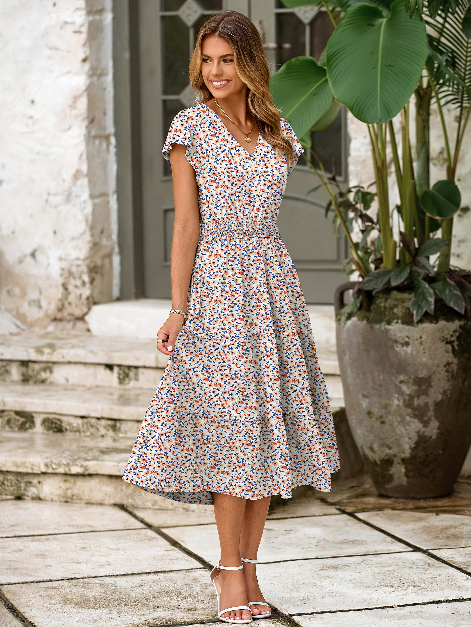 Boho Floral Flutter Sleeve Smocked Midi Dress