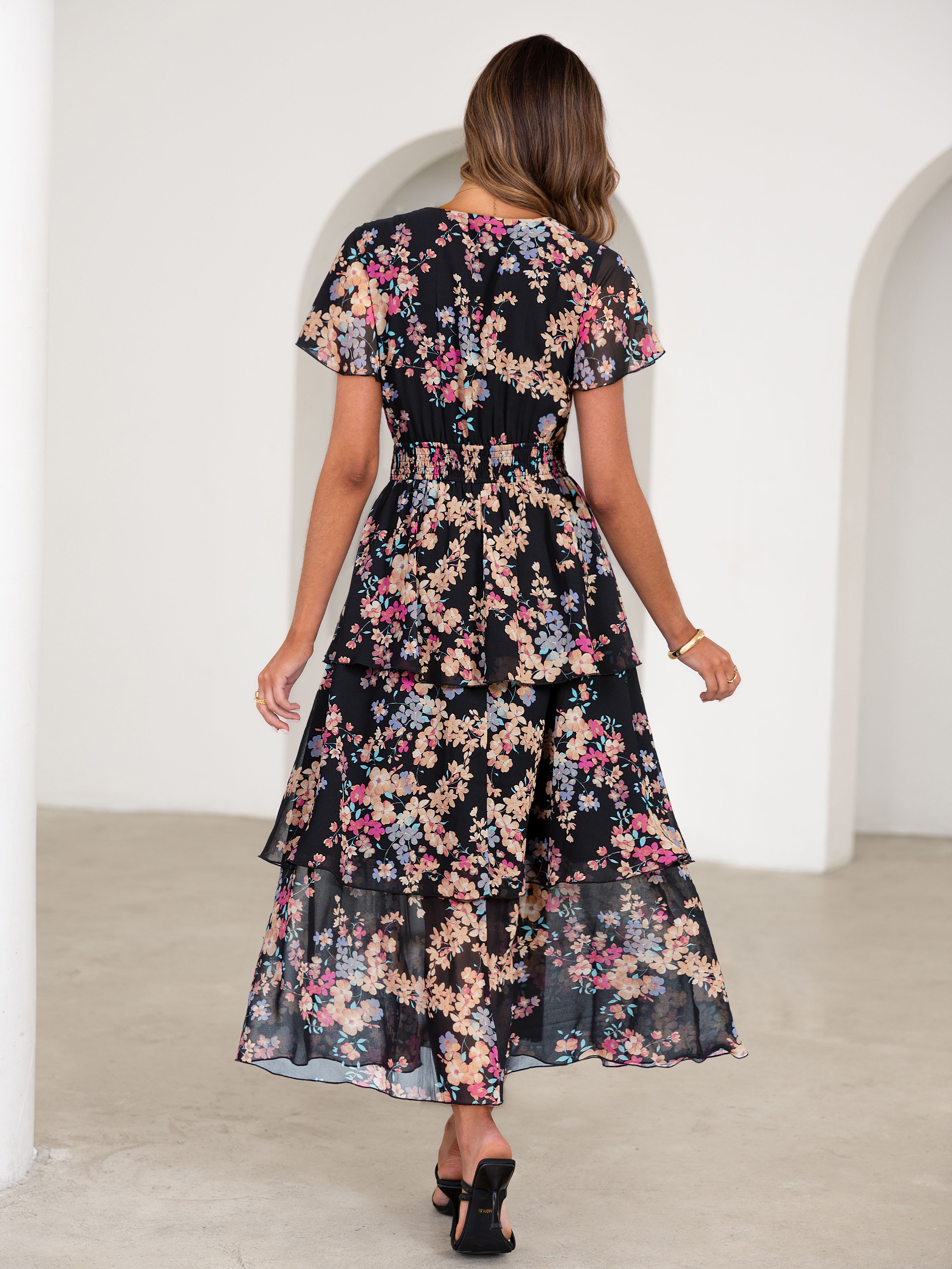 Ruffle Tiered Floral Wedding Guest Maxi Dress - Black Yellow Floral