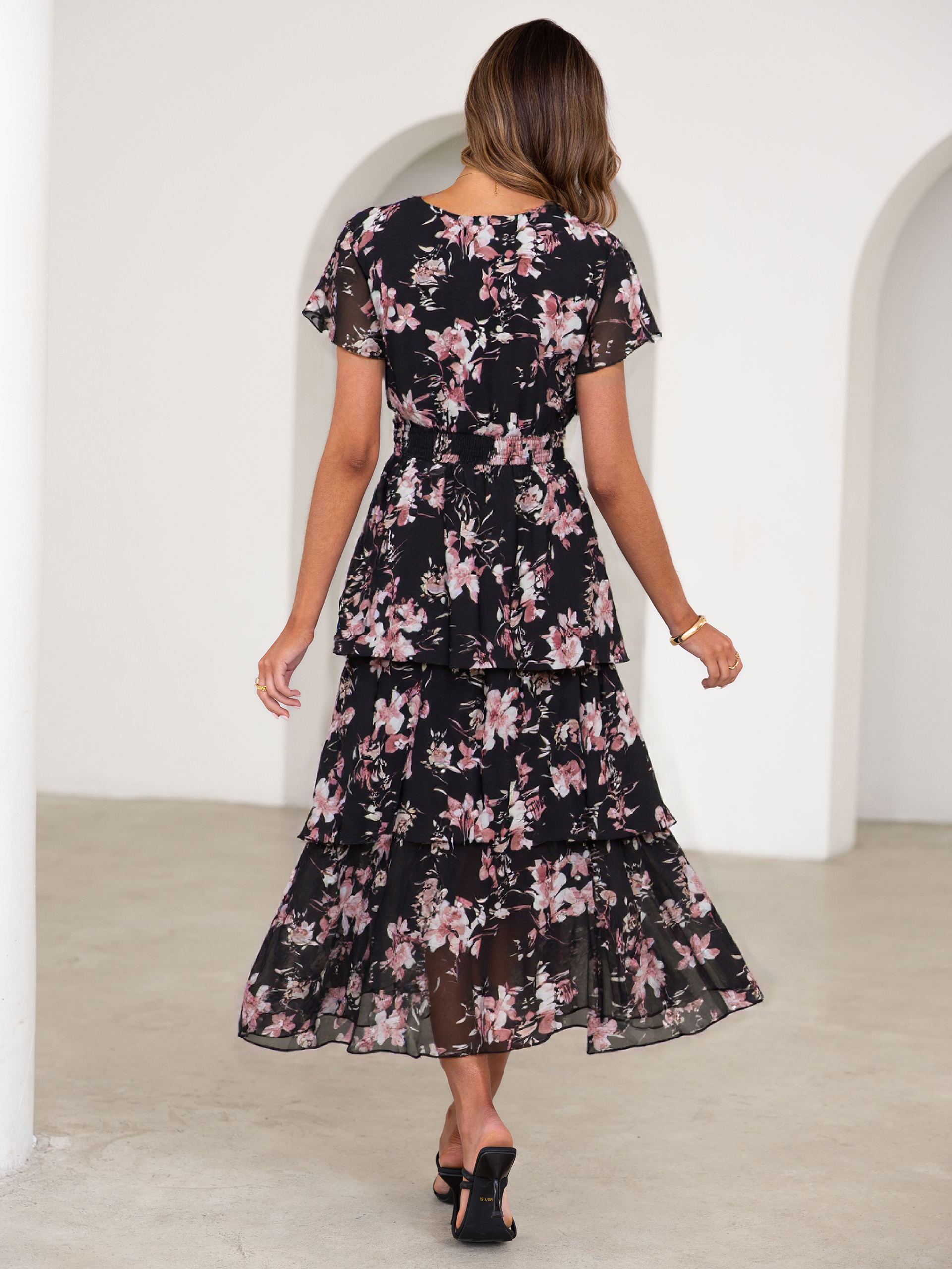 Ruffle Tiered Floral Wedding Guest Maxi Dress - Black Pink Floral