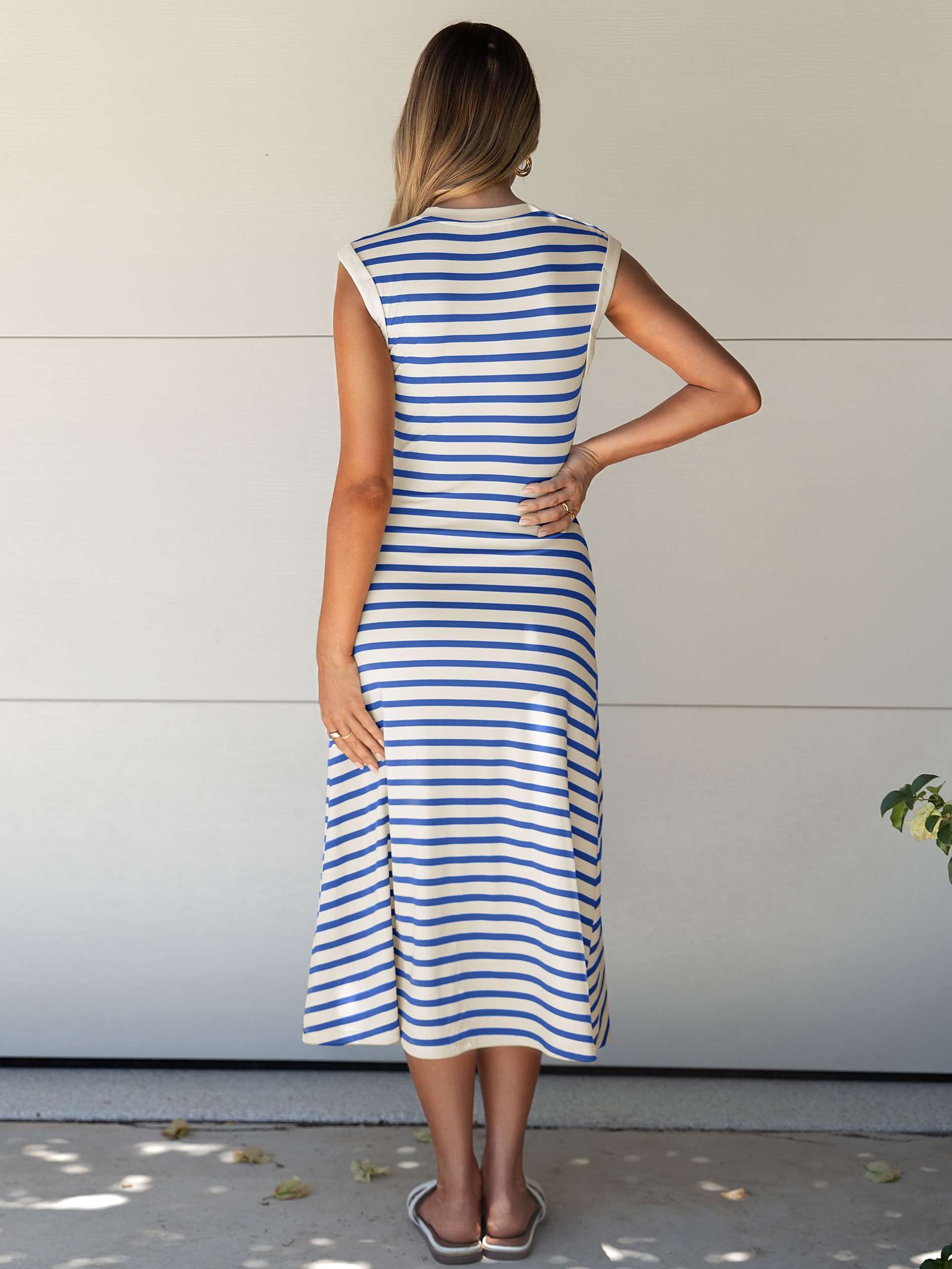 Striped Sleeveless Crew Neck A-Line Midi Dress