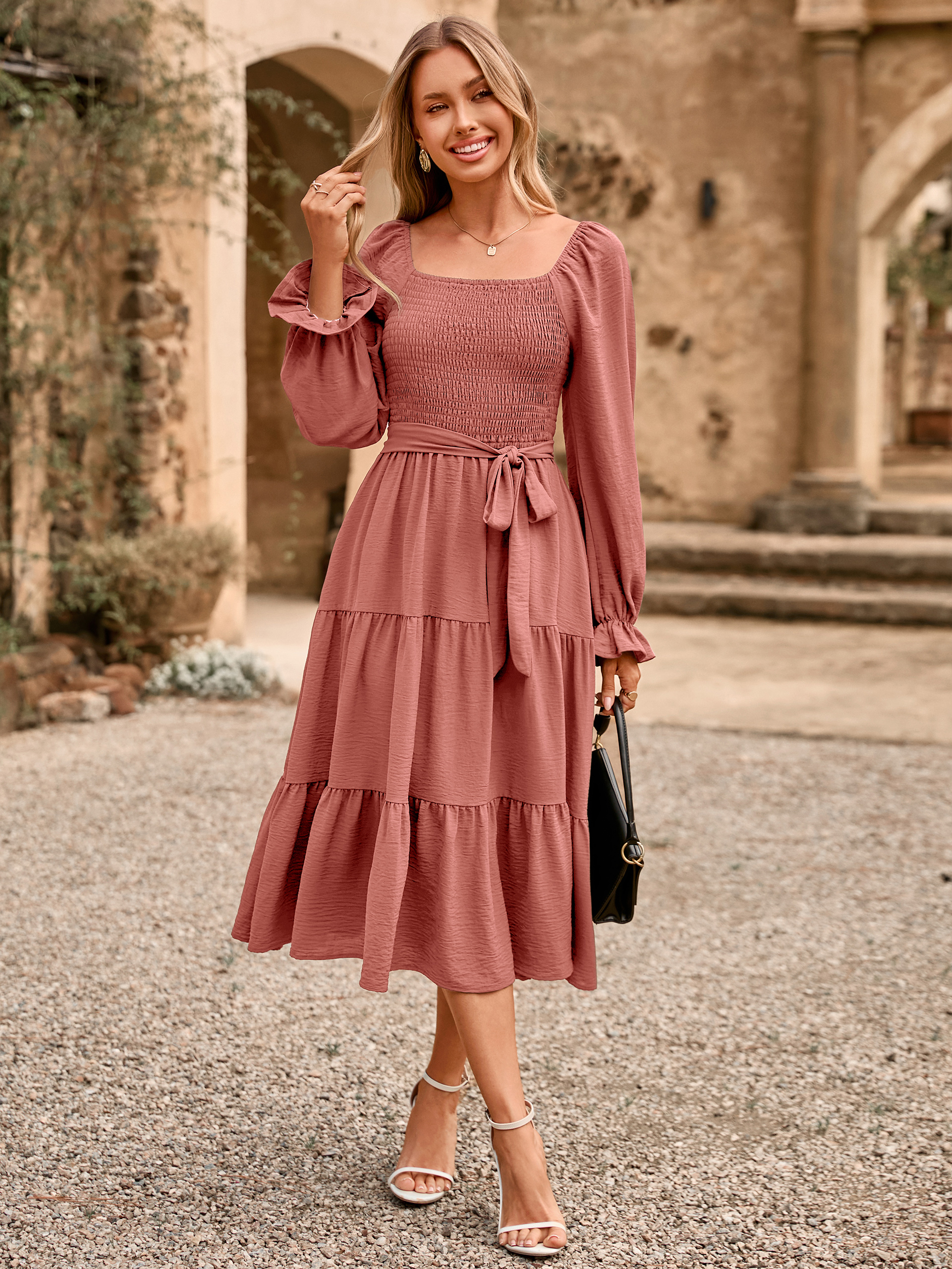 Square Neck Ruched Smocked Tiered Maxi Dress