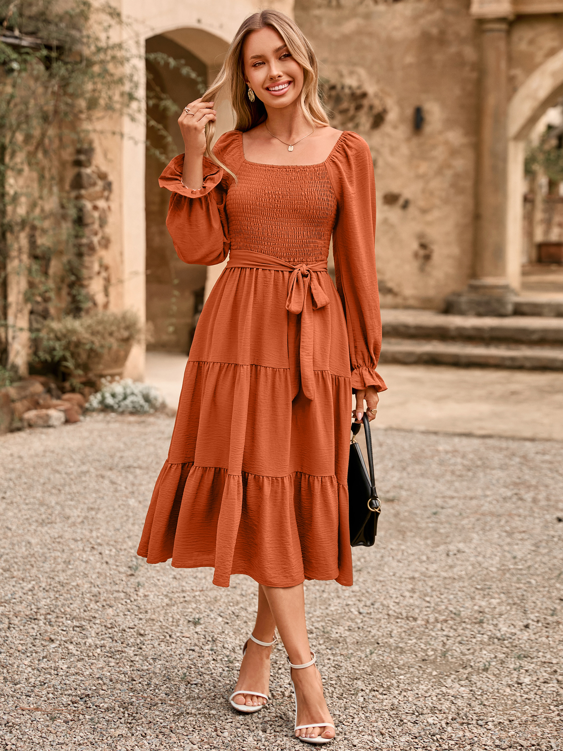 Square Neck Ruched Smocked Tiered Maxi Dress