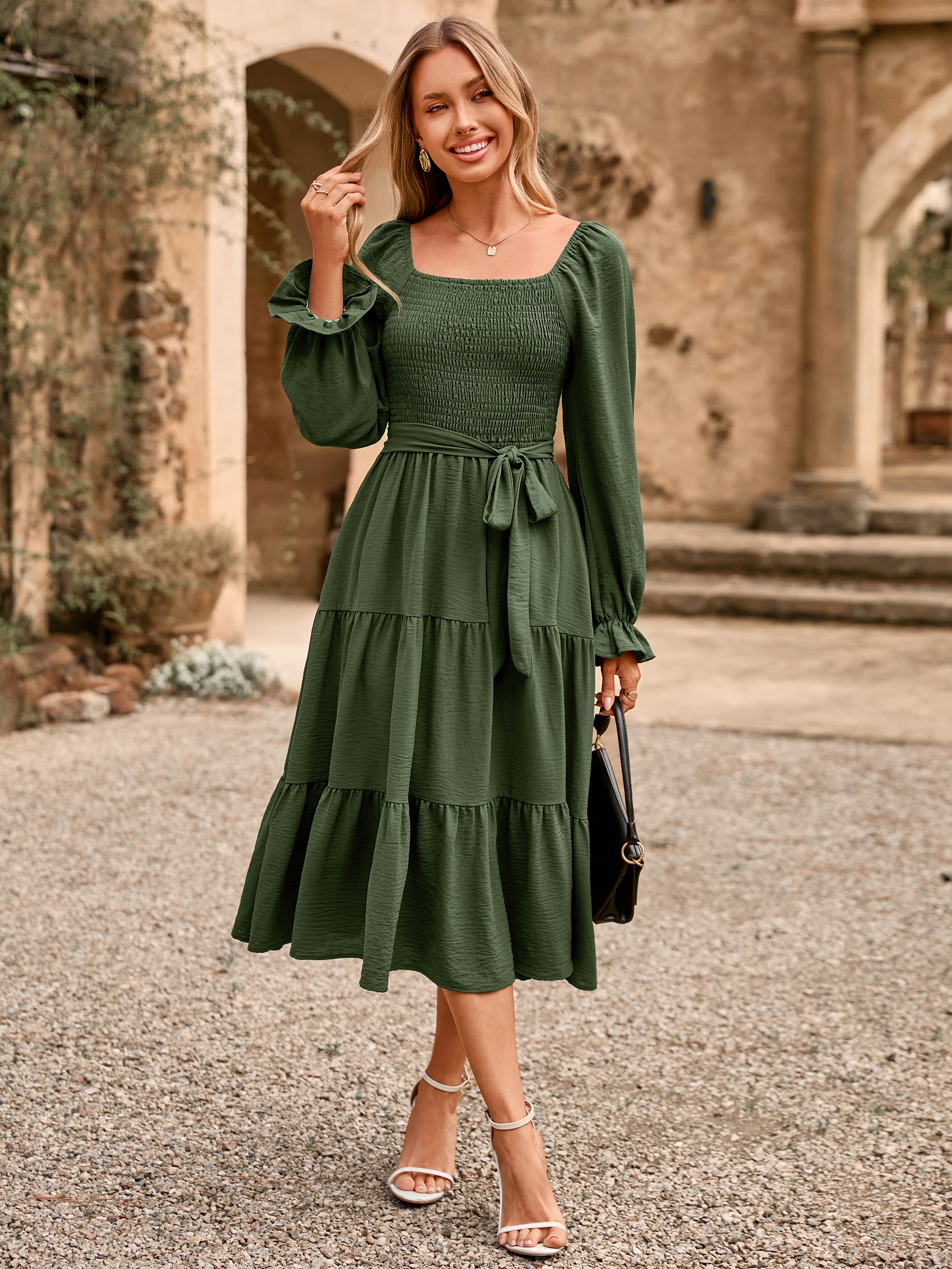 Square Neck Ruched Smocked Tiered Maxi Dress