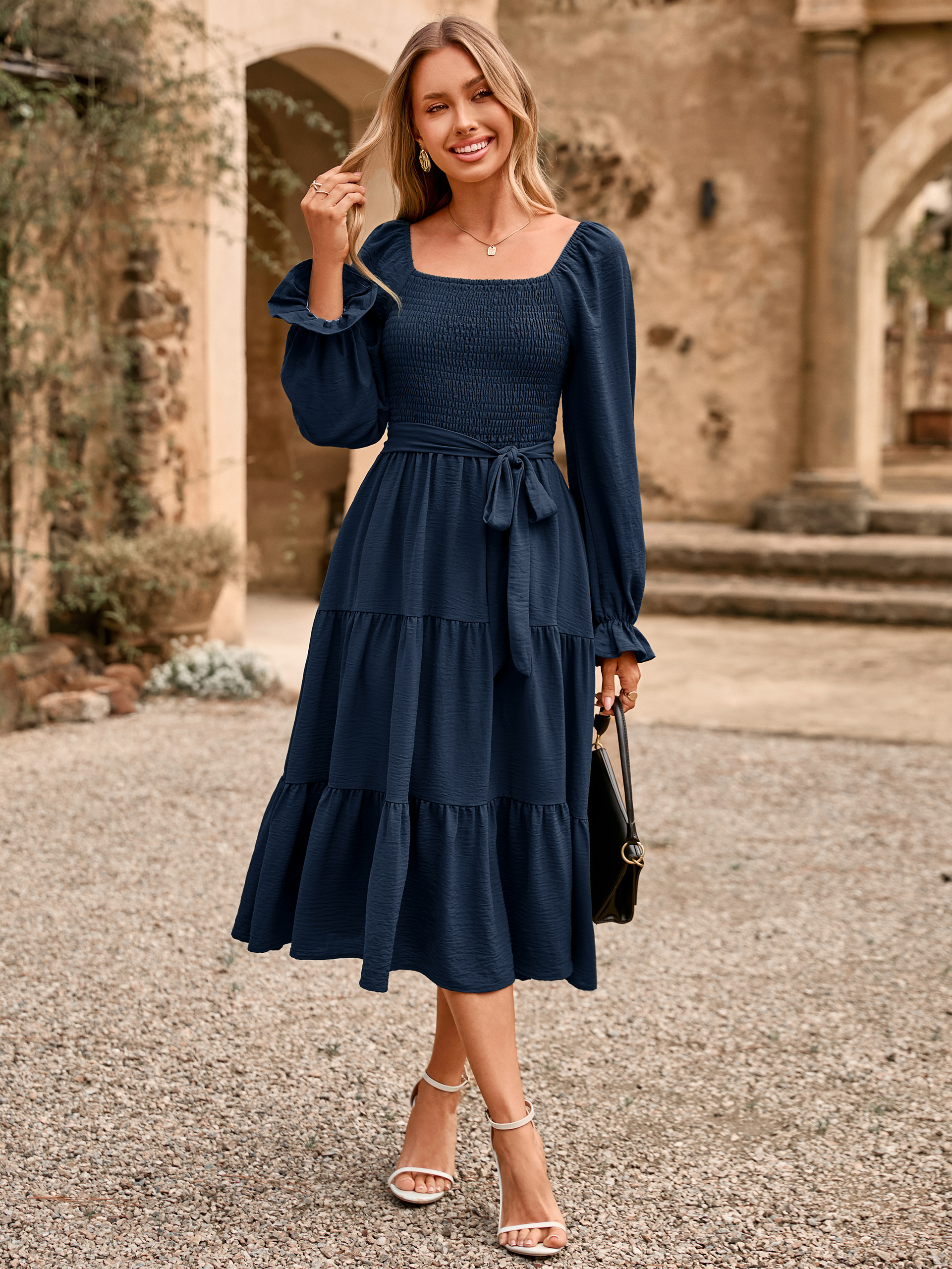 Square Neck Ruched Smocked Tiered Maxi Dress