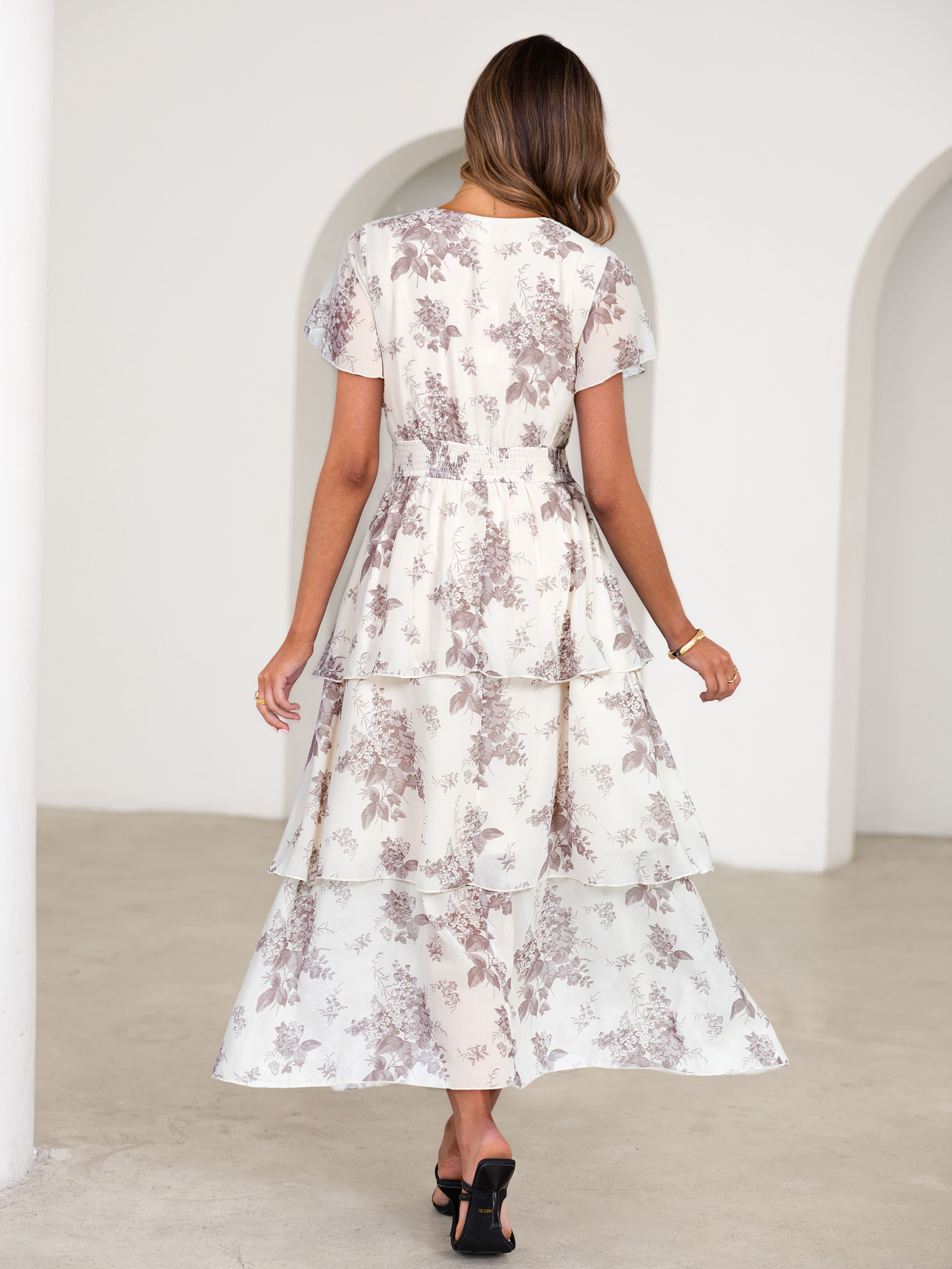 Ruffle Tiered Floral Wedding Guest Maxi Dress - Grey White Floral
