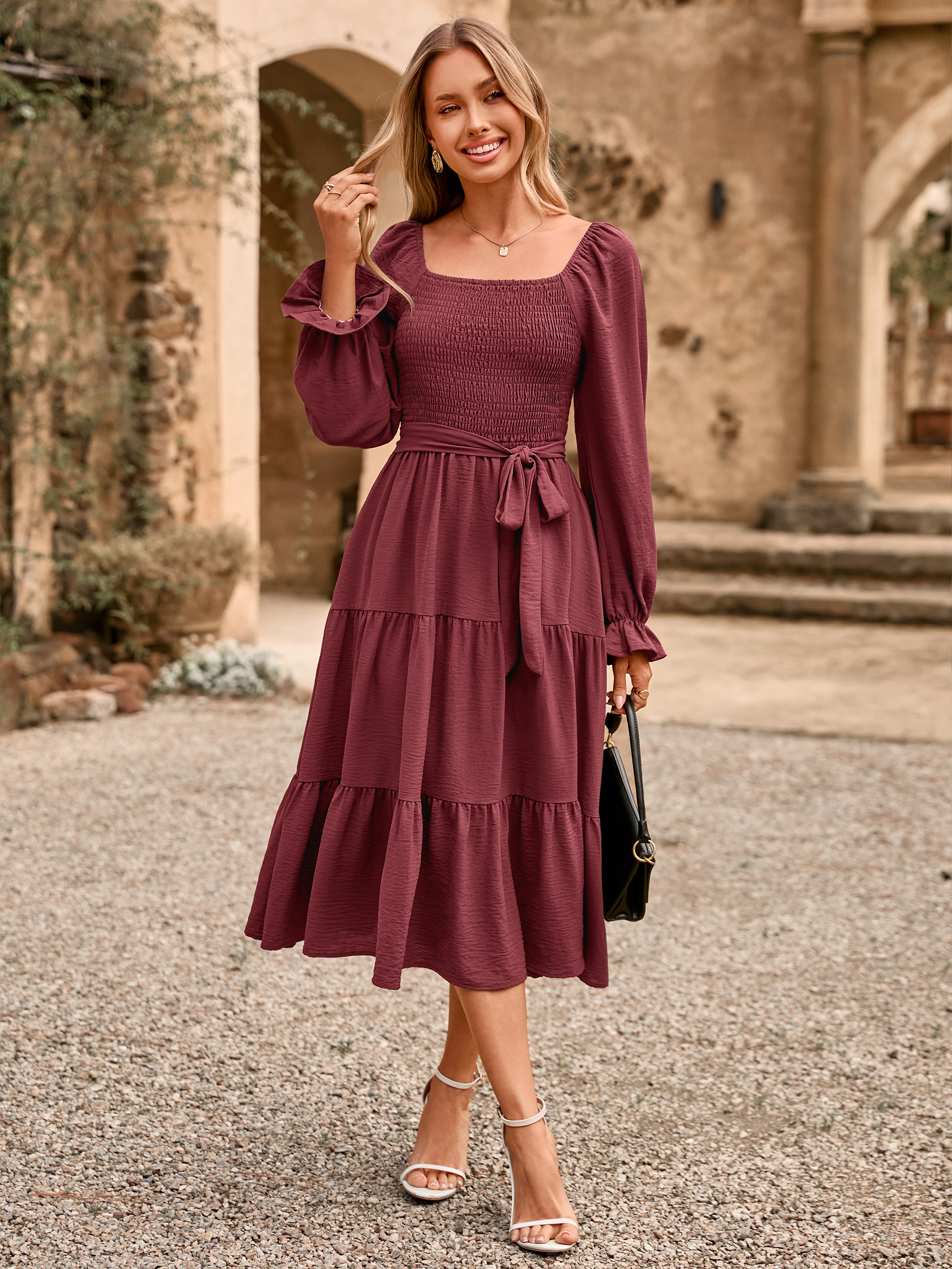 Square Neck Ruched Smocked Tiered Maxi Dress