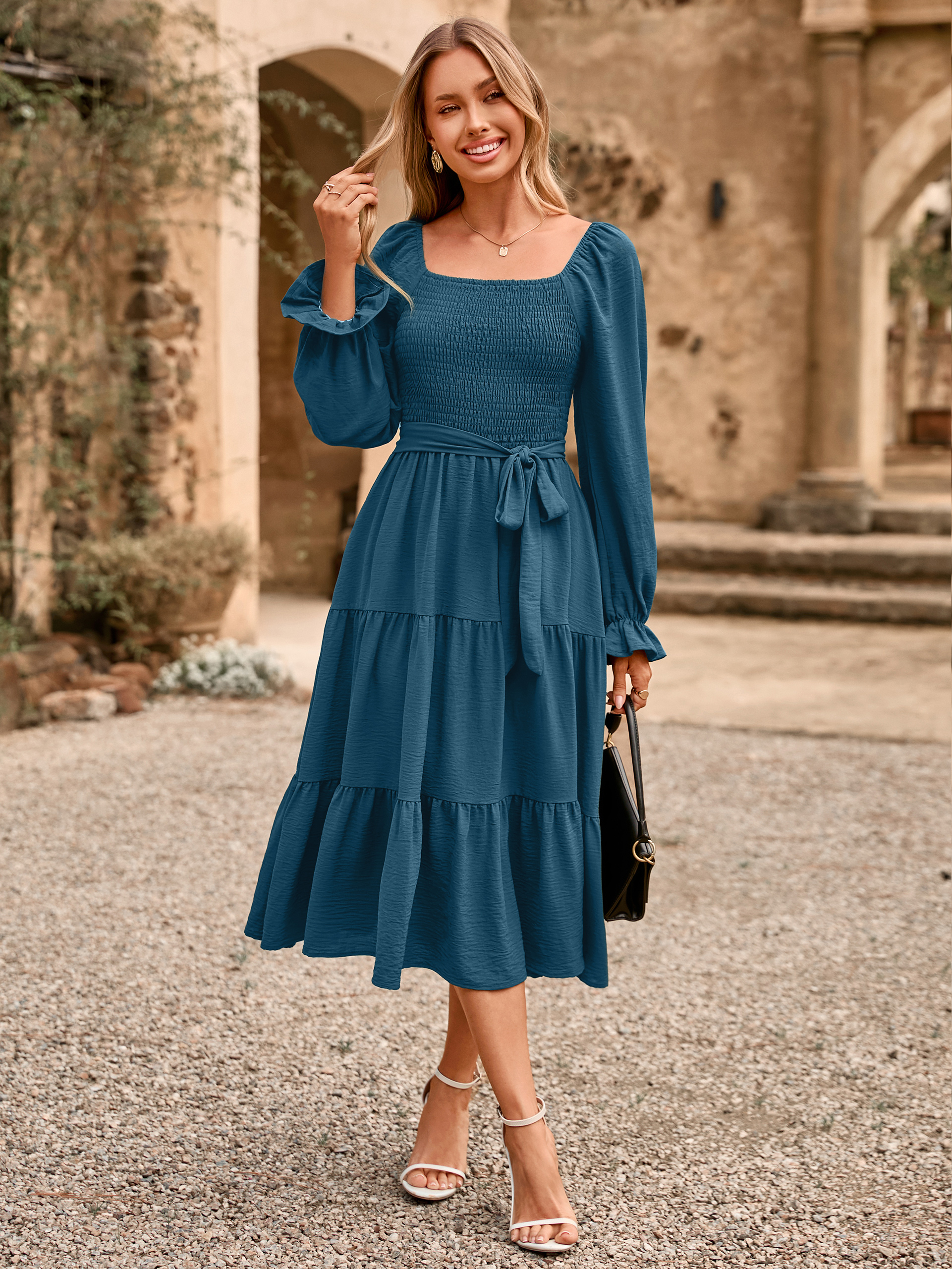 Square Neck Ruched Smocked Tiered Maxi Dress