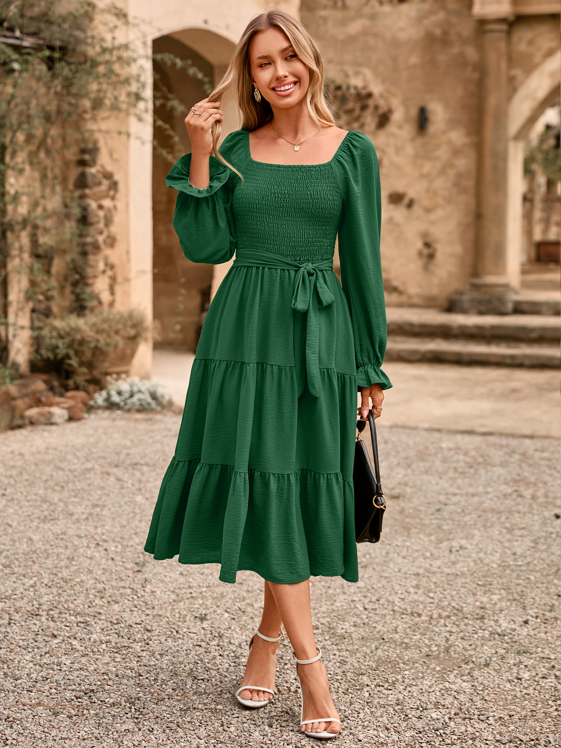 Square Neck Ruched Smocked Tiered Maxi Dress