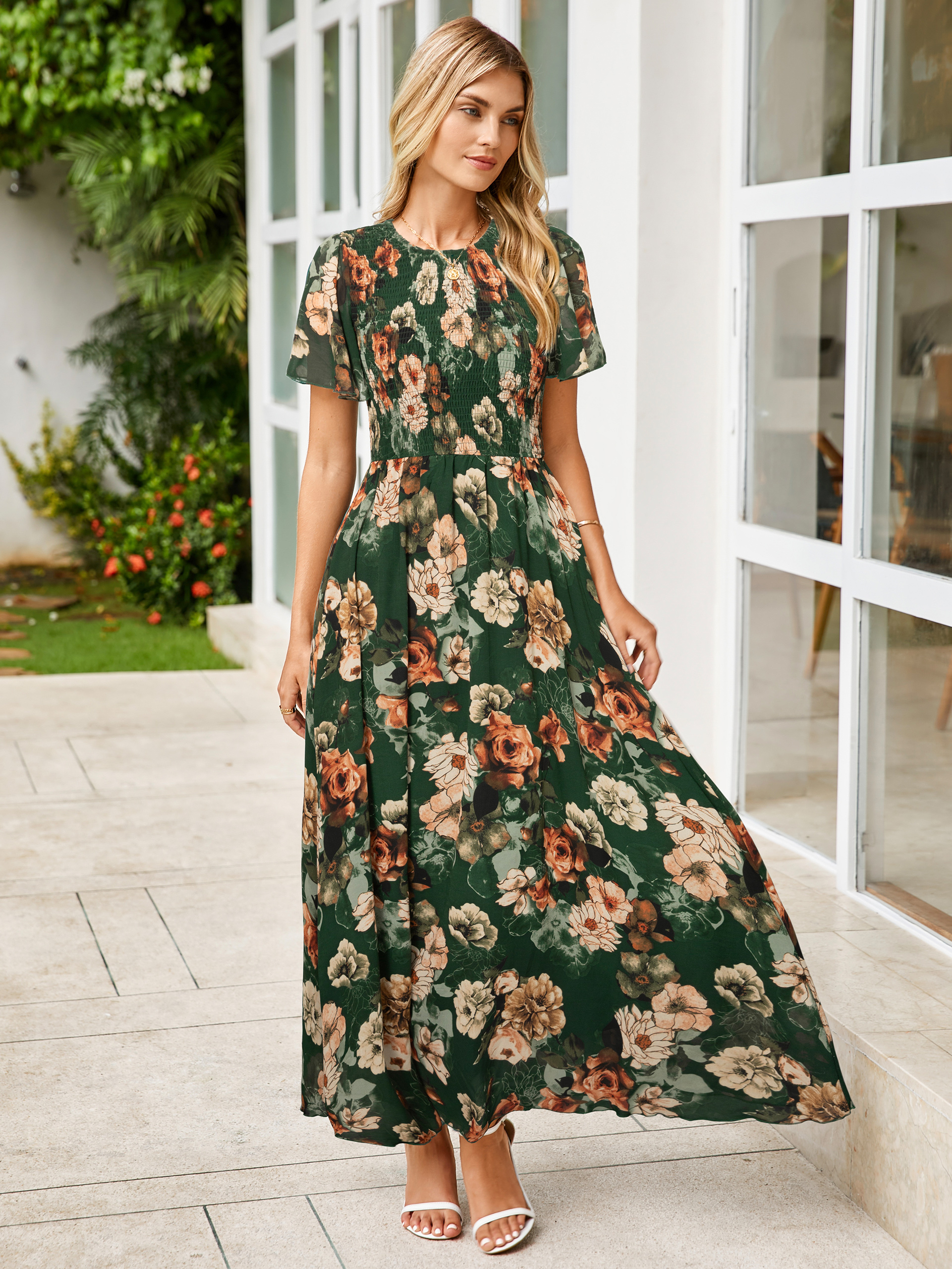 Chiffon Flutter Sleeve Smocked Floral Maxi Dress