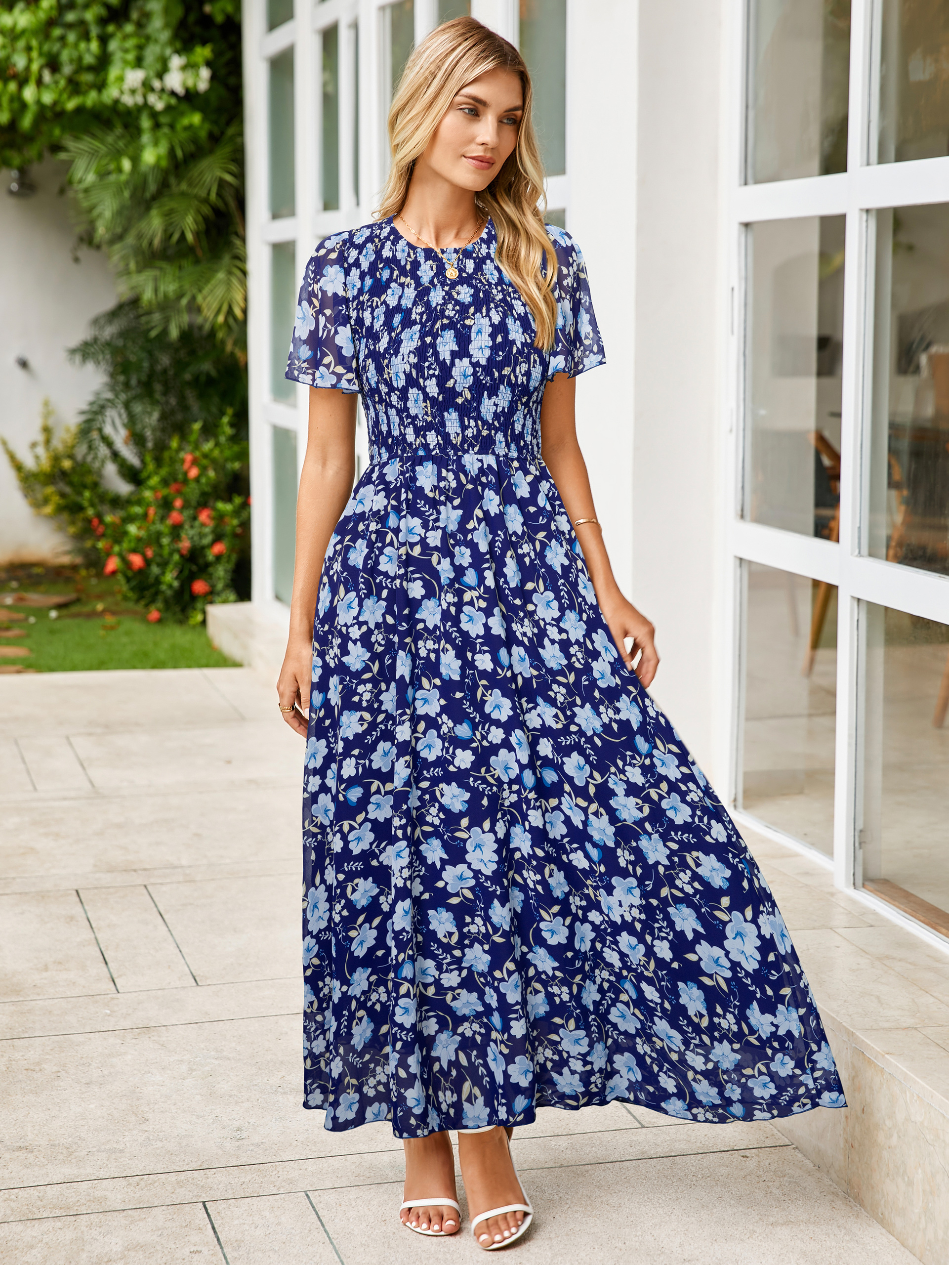 Chiffon Flutter Sleeve Smocked Floral Maxi Dress