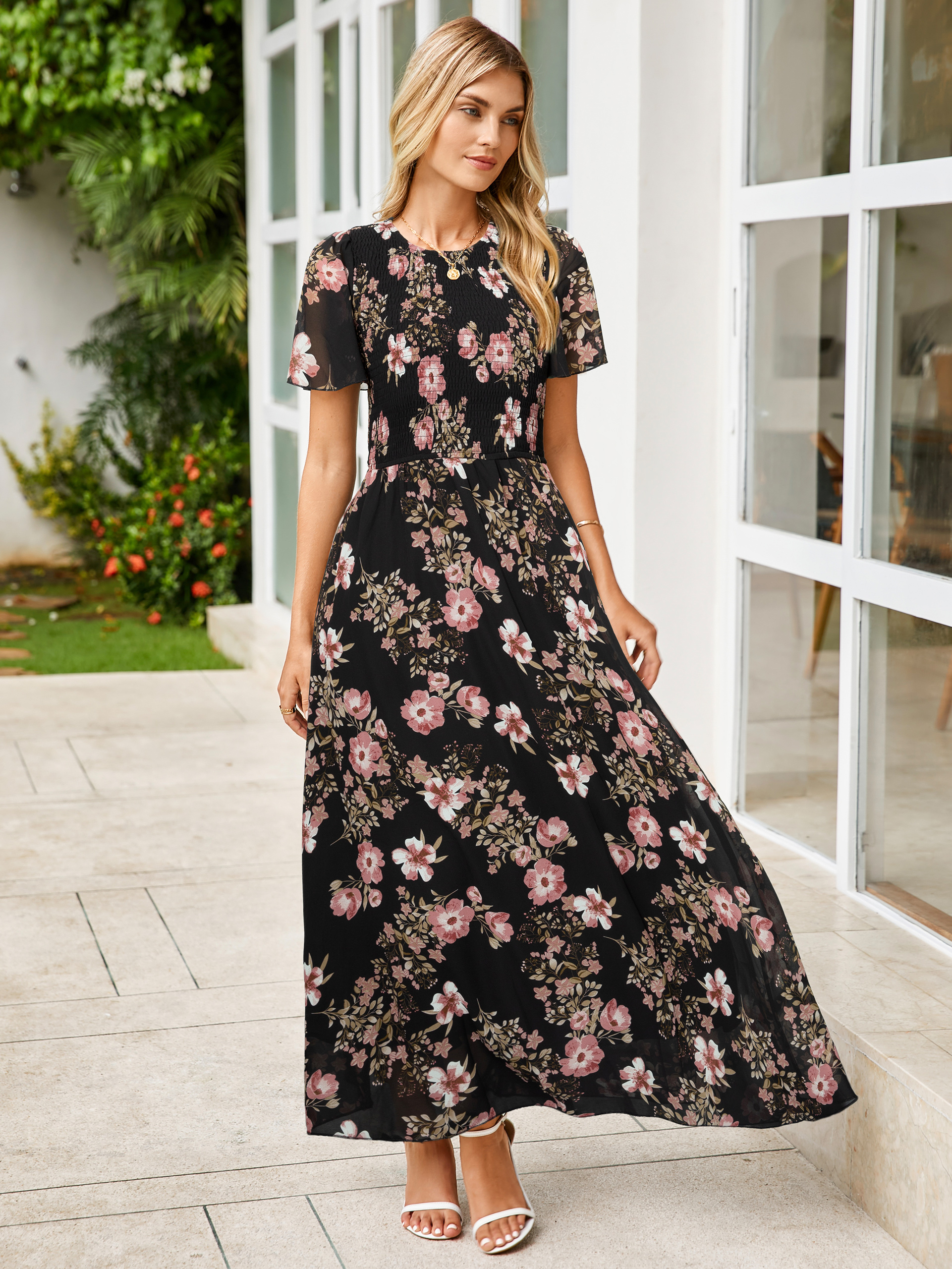Chiffon Flutter Sleeve Smocked Floral Maxi Dress