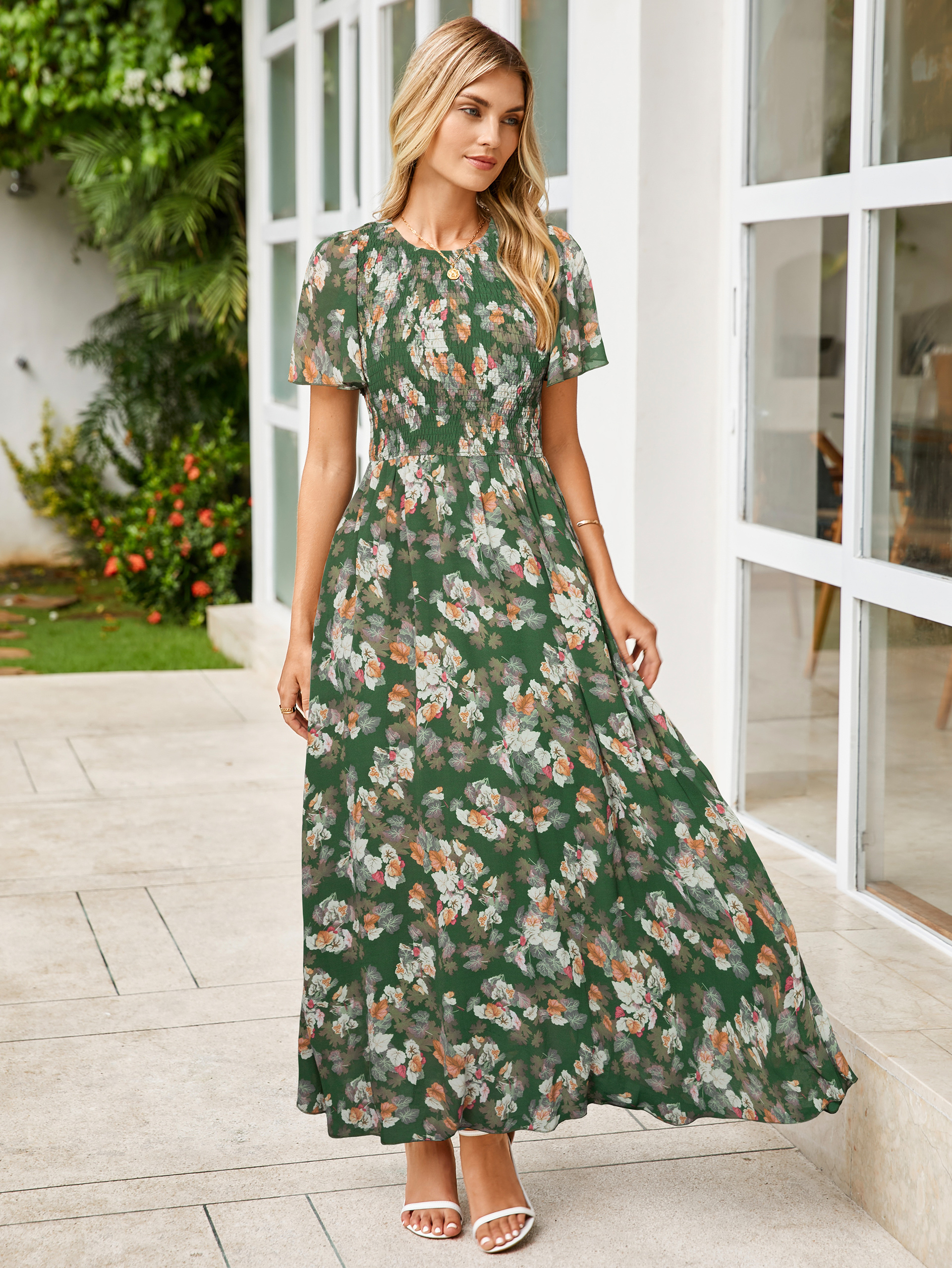 Chiffon Flutter Sleeve Smocked Floral Maxi Dress