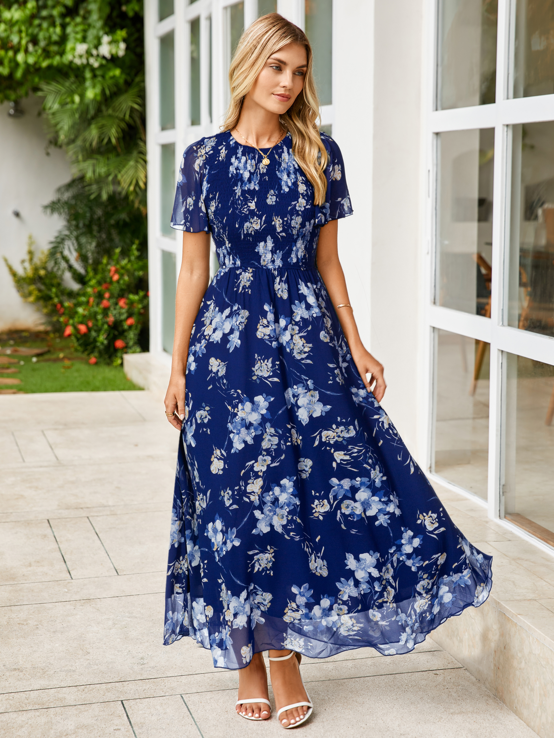 Chiffon Flutter Sleeve Smocked Floral Maxi Dress