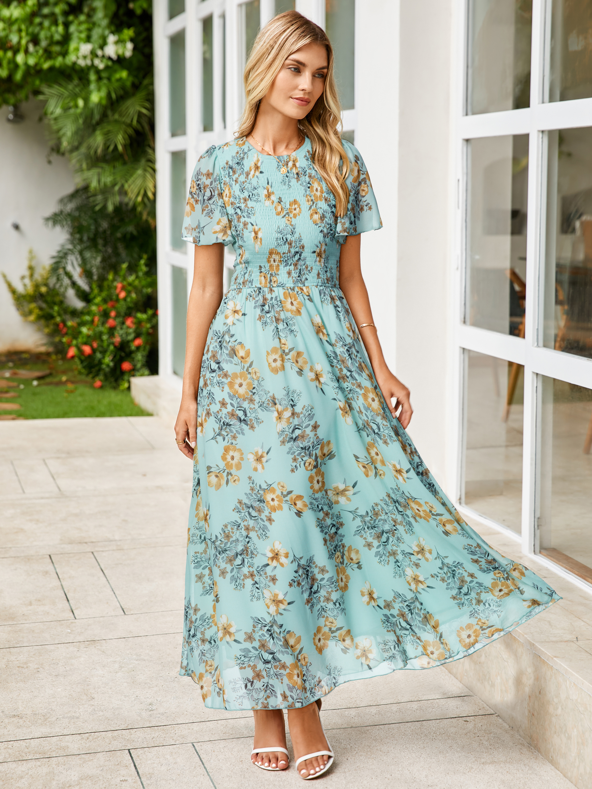 Chiffon Flutter Sleeve Smocked Floral Maxi Dress