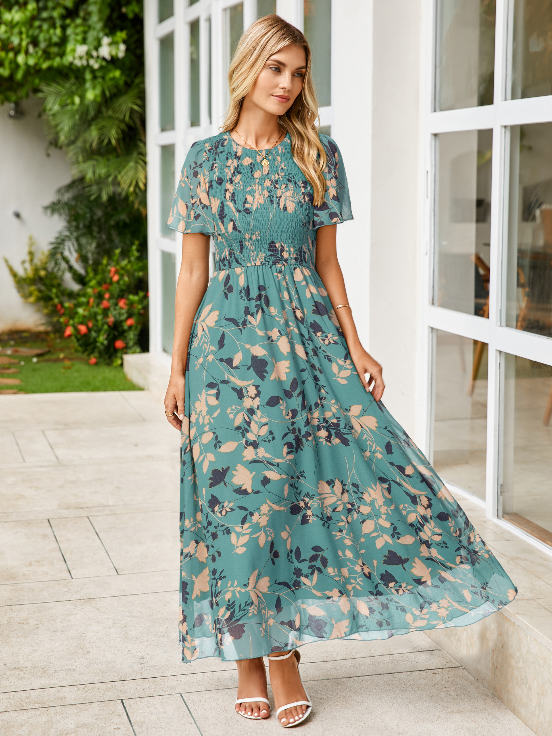 Chiffon Flutter Sleeve Smocked Floral Maxi Dress