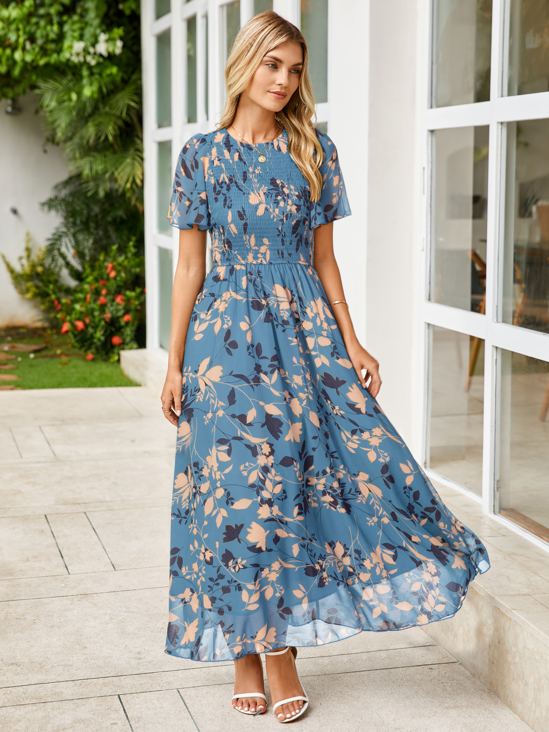 Chiffon Flutter Sleeve Smocked Floral Maxi Dress