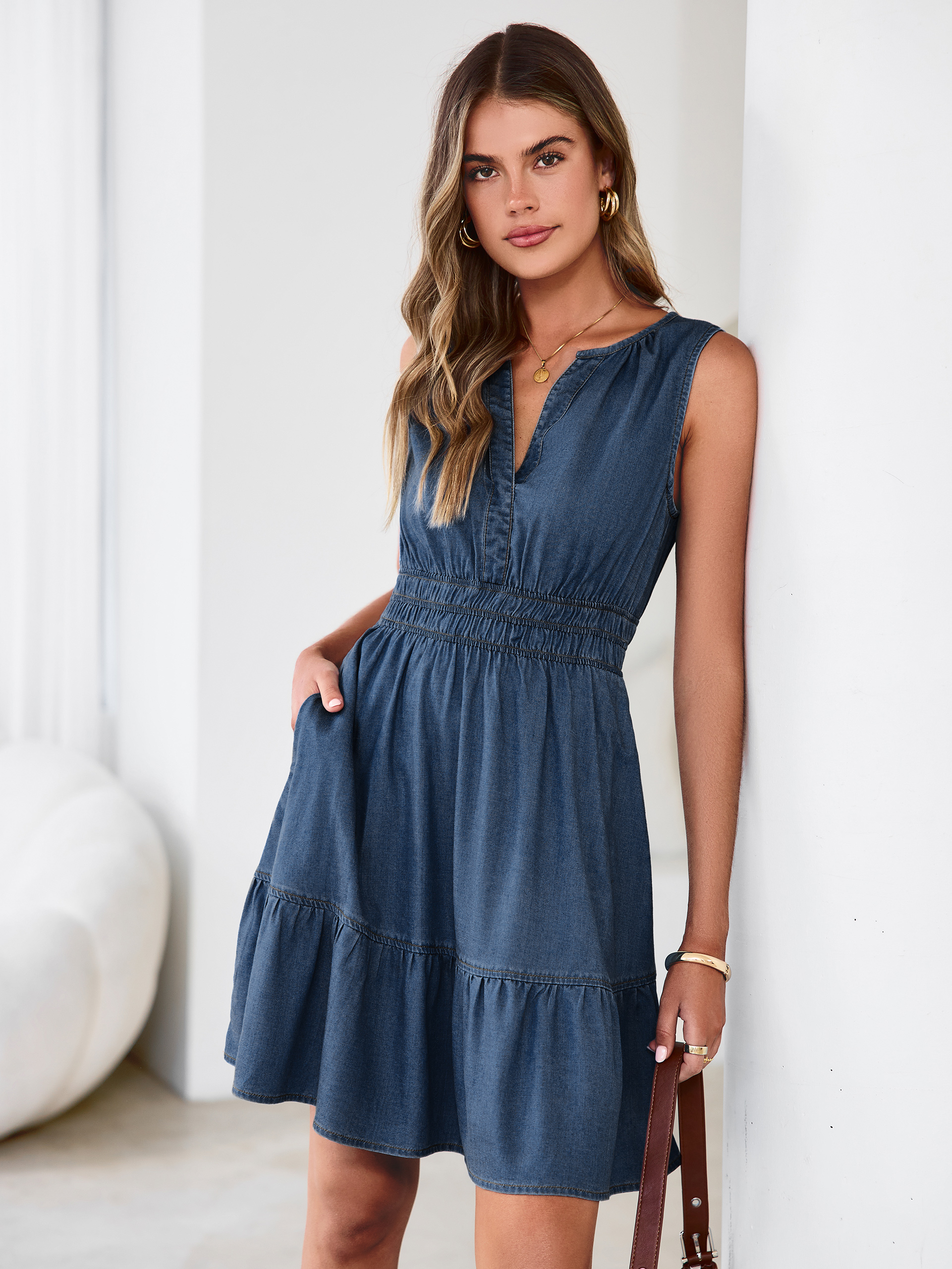 V Neck Sleeveless Lyocell Denim Mini Dress - Denim Dark Blue