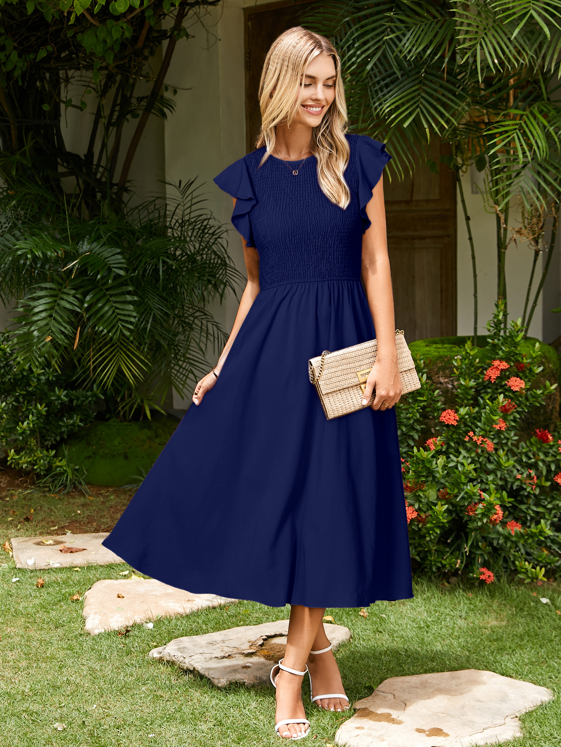 Smocked Bodice Flutter Sleeve A-Line Midi Dress