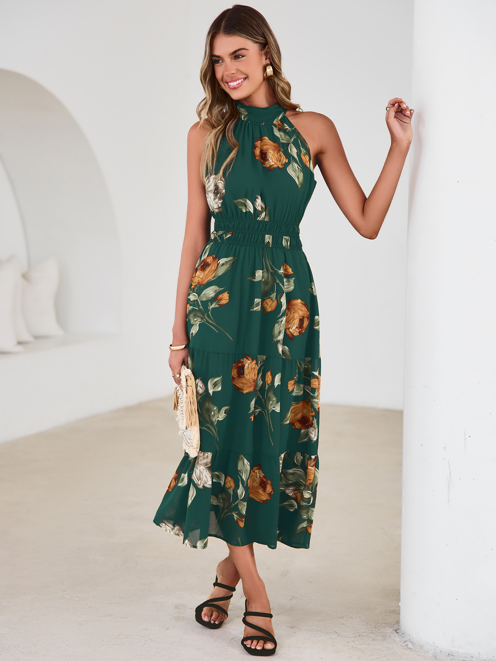 Floral Halter Neck Smocked Waist Maxi Dress