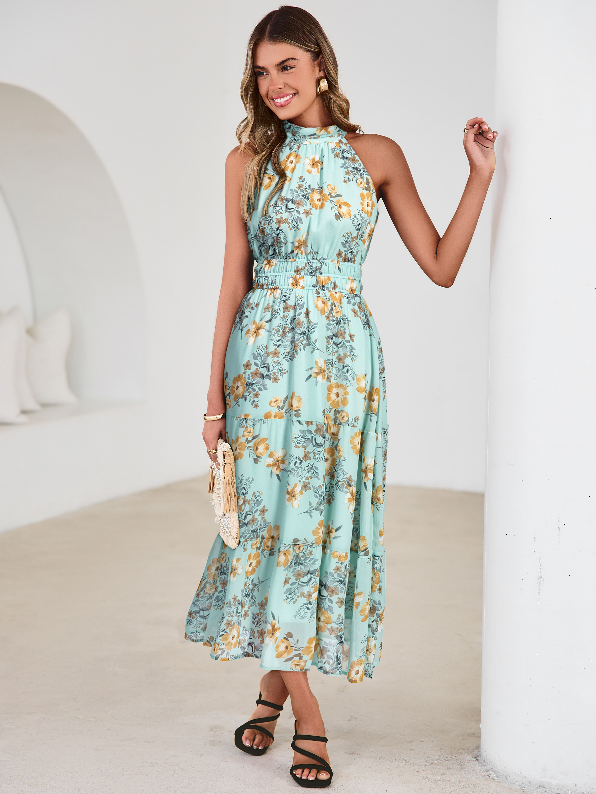 Floral Halter Neck Smocked Waist Maxi Dress