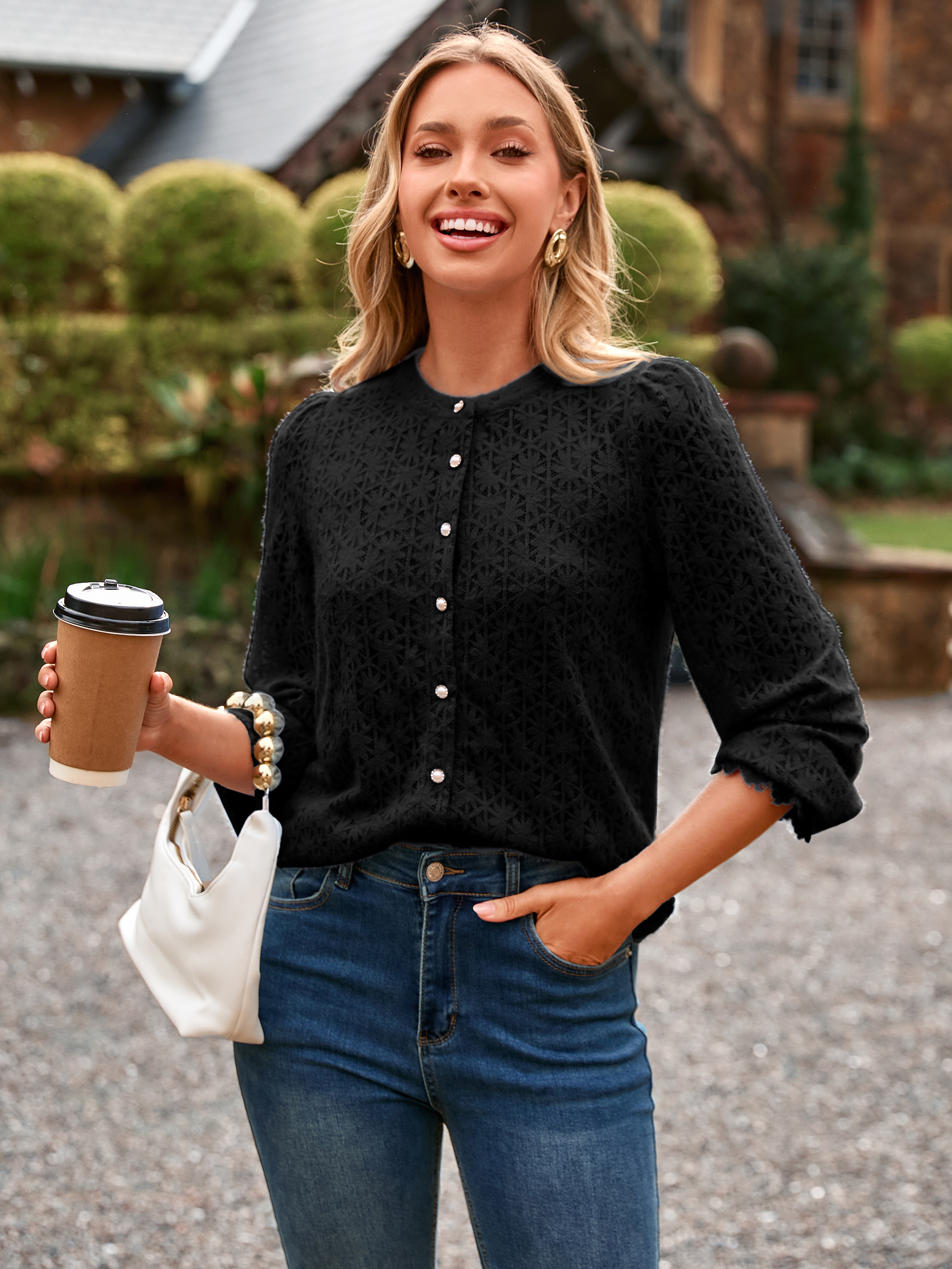 Lace Hollow Out Button Down Dressy Blouses