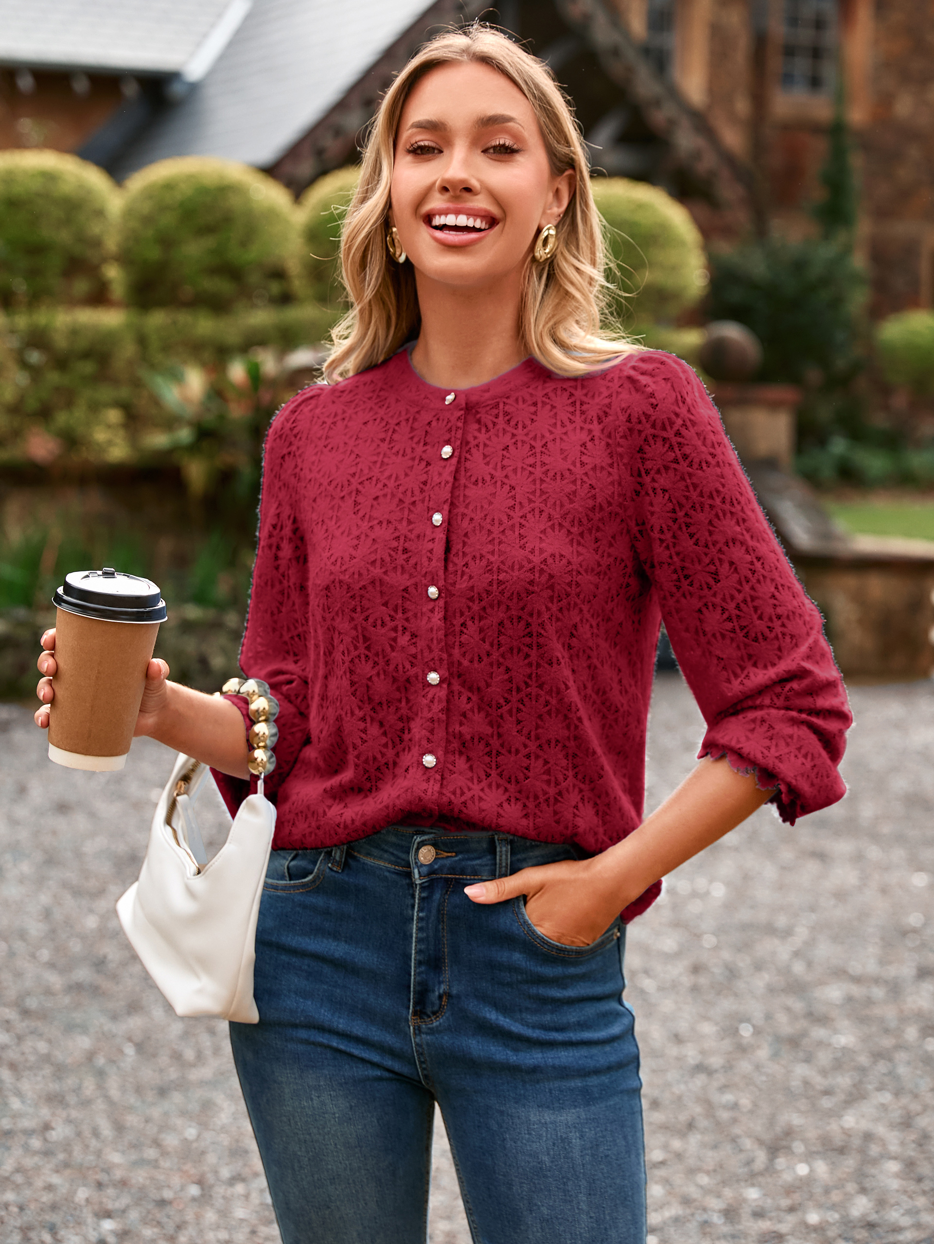 Lace Hollow Out Button Down Dressy Blouses