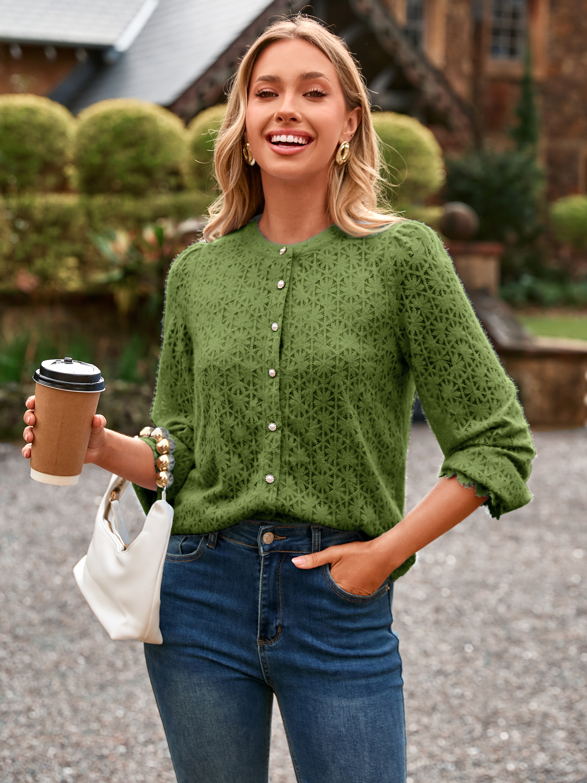 Lace Hollow Out Button Down Dressy Blouses